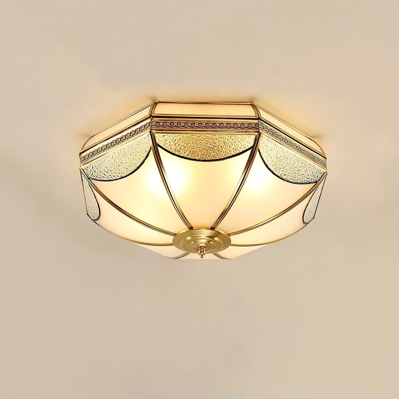 Vintage Brass Dome Ceiling Light with White Glass Shade Flush Mount Industrial Lamp