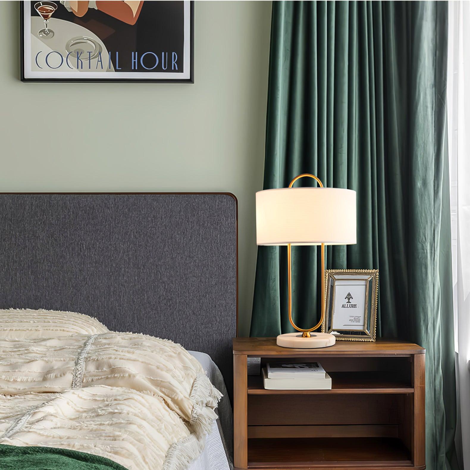 Modern Gold Bedside Table Lamp with White Linen Shade and Elegant Marble Base Design