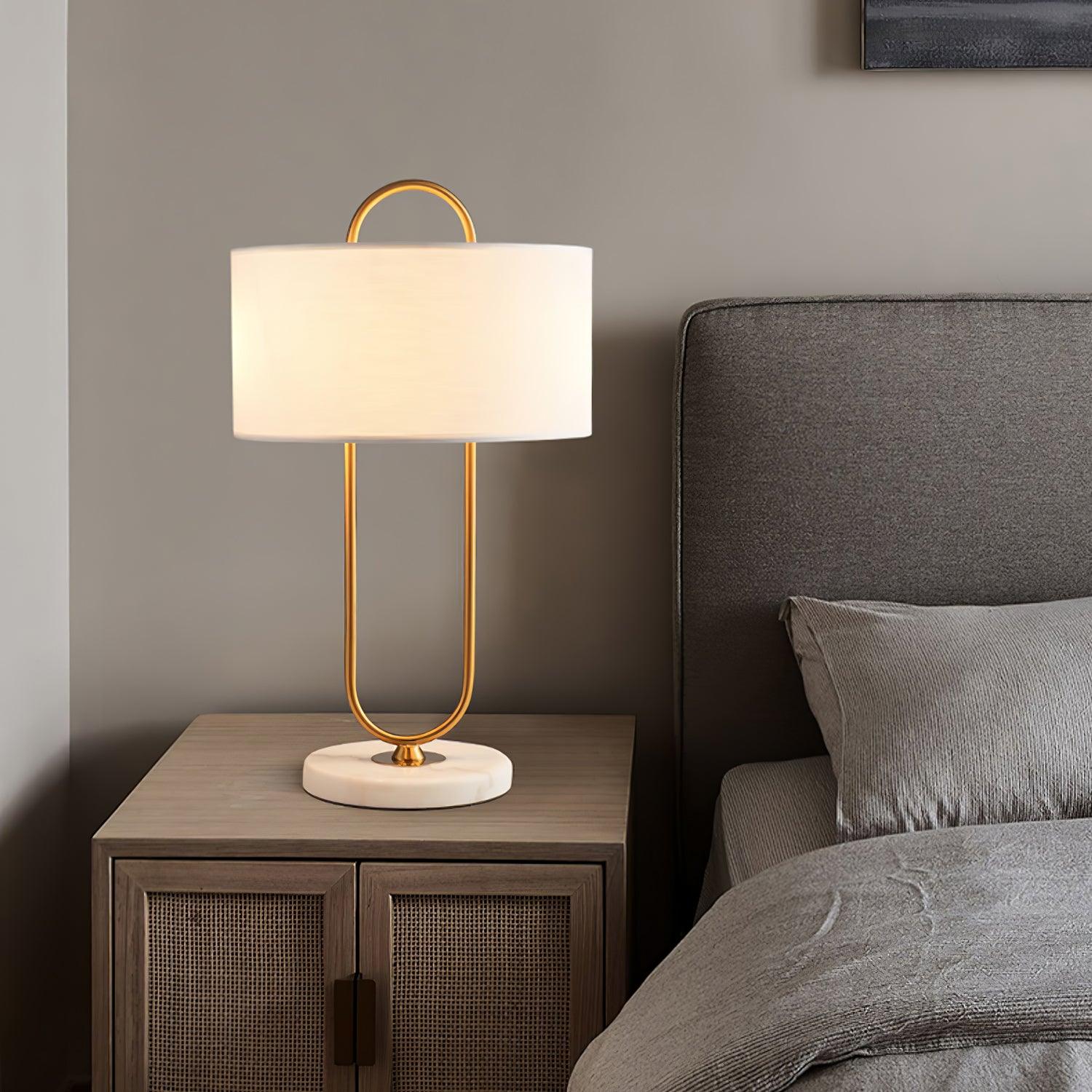 Modern Gold Bedside Table Lamp with White Linen Shade and Elegant Marble Base Design