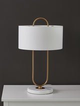 Modern Gold Bedside Table Lamp with White Linen Shade and Elegant Marble Base Design
