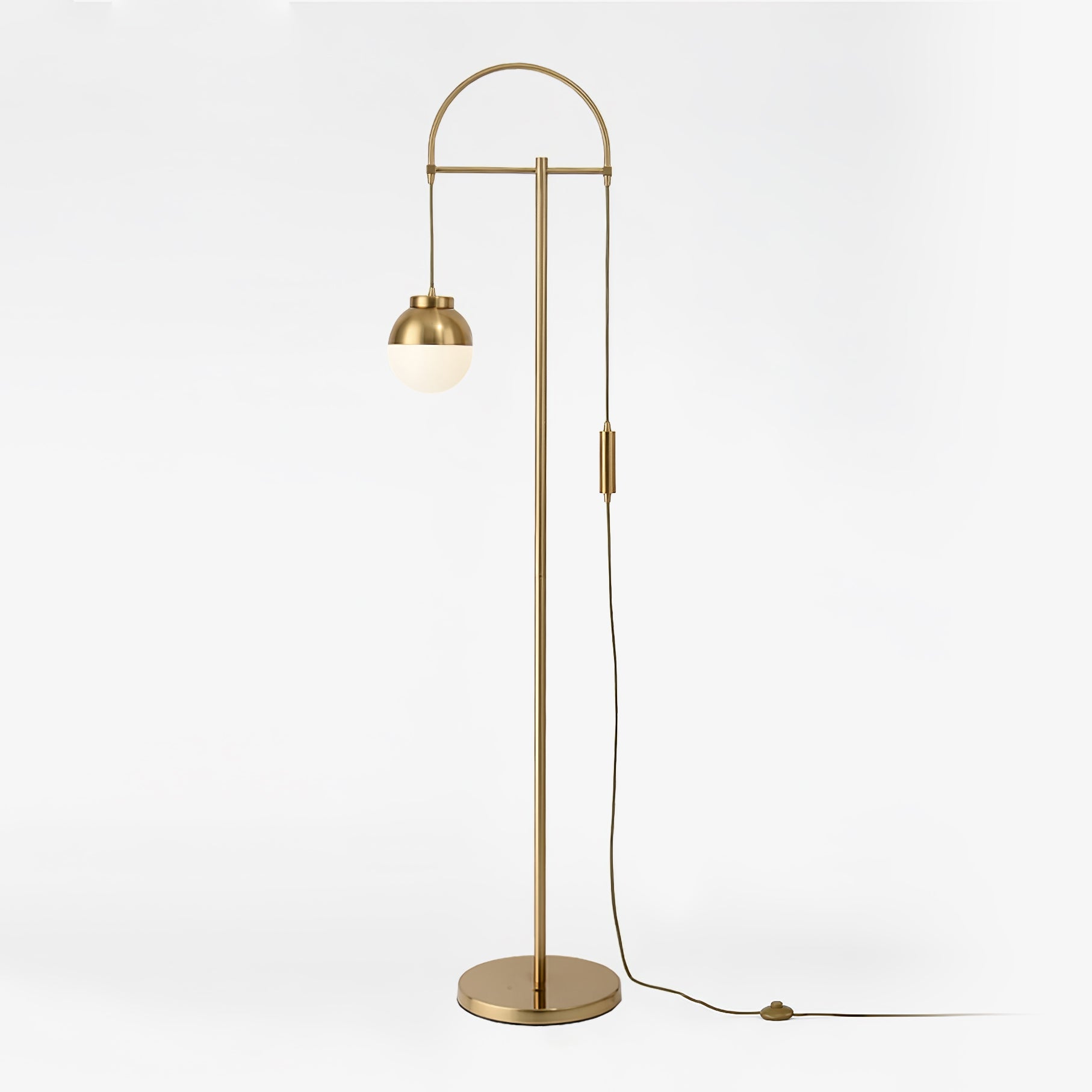 Modern Arc Floor Standing Lamp with Frosted Glass Globe and Brushed Brass Gold Finish