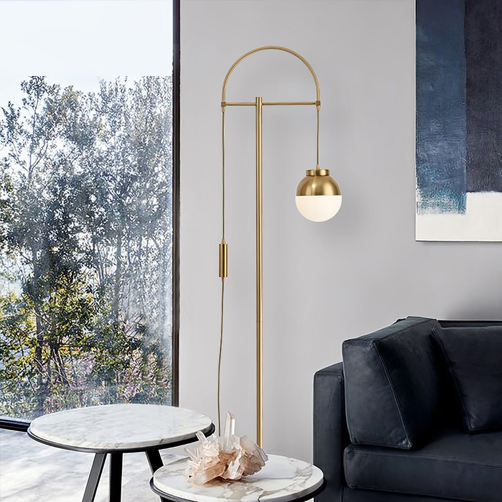 Modern Arc Floor Standing Lamp with Frosted Glass Globe and Brushed Brass Gold Finish