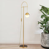 Modern Arc Floor Standing Lamp with Frosted Glass Globe and Brushed Brass Gold Finish