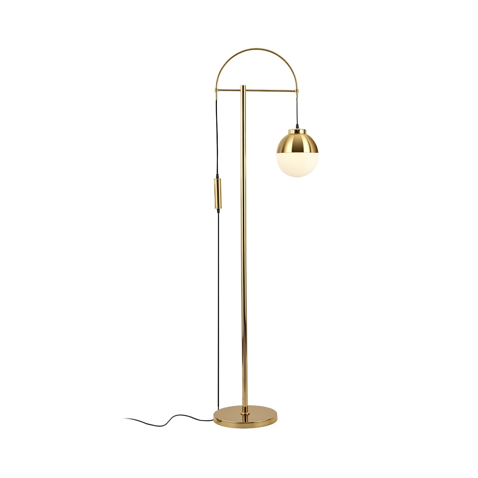 Modern Arc Floor Standing Lamp with Frosted Glass Globe and Brushed Brass Gold Finish