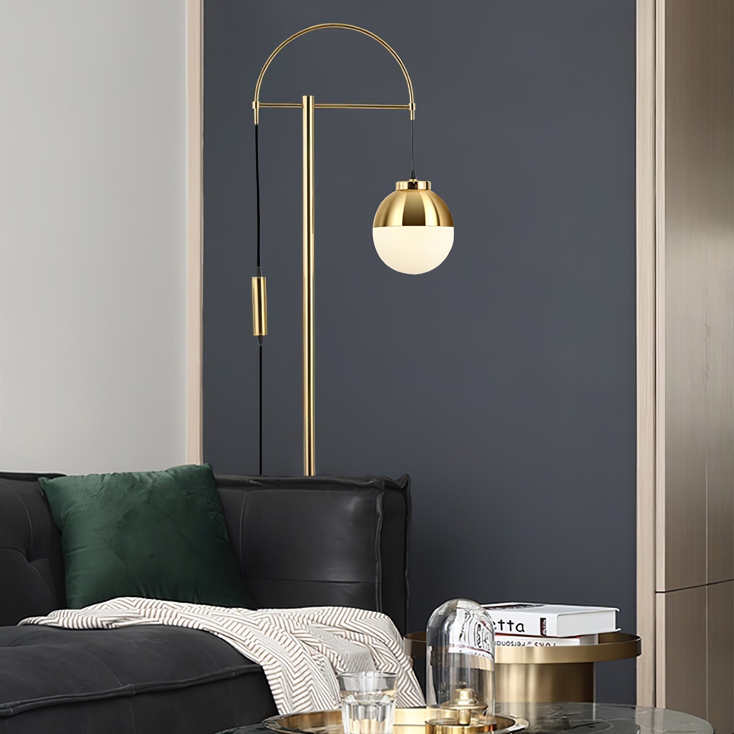 Modern Arc Floor Standing Lamp with Frosted Glass Globe and Brushed Brass Gold Finish