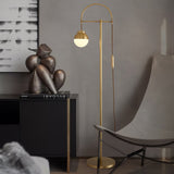 Modern Arc Floor Standing Lamp with Frosted Glass Globe and Brushed Brass Gold Finish