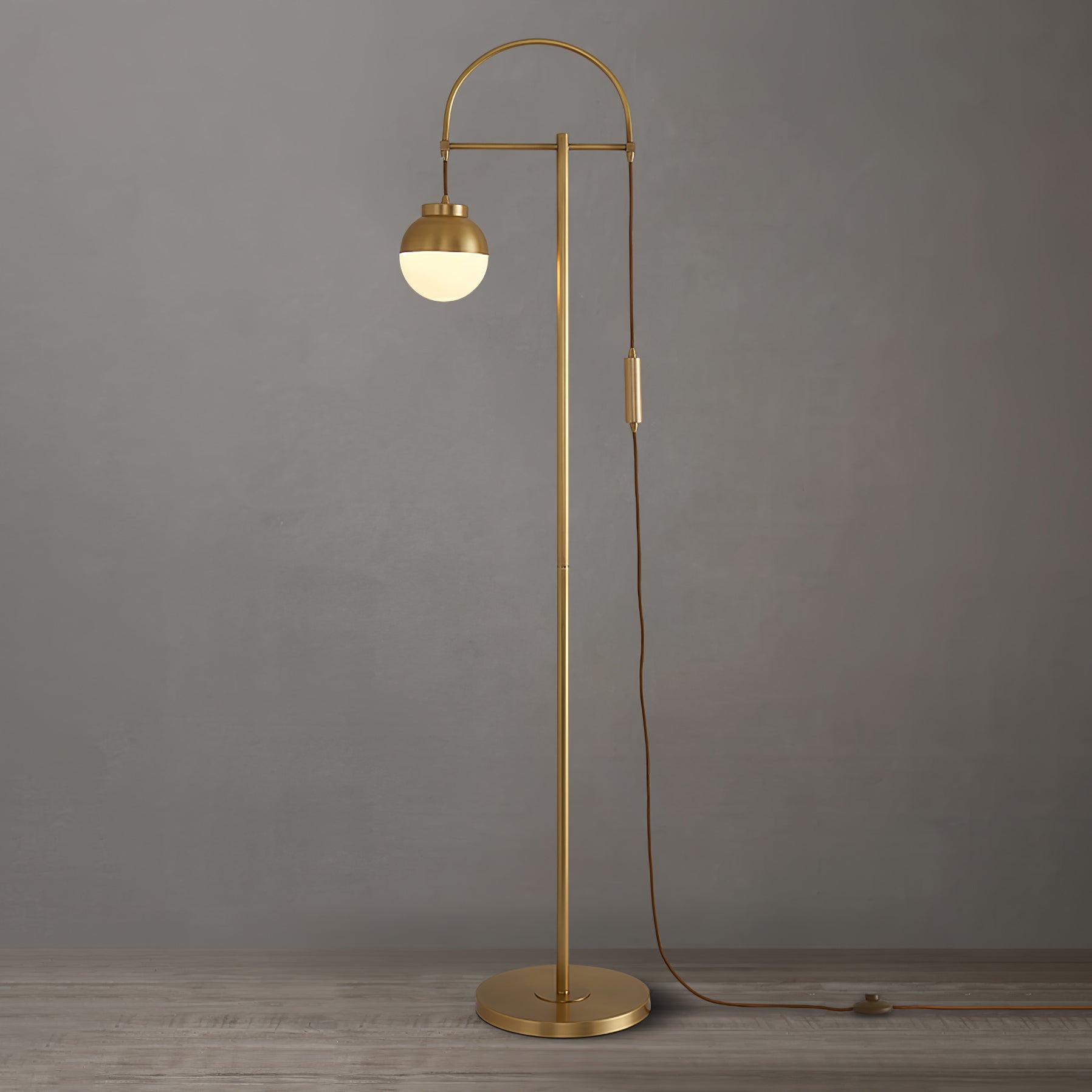 Modern Arc Floor Standing Lamp with Frosted Glass Globe and Brushed Brass Gold Finish