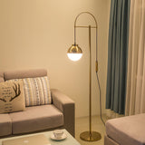 Modern Arc Floor Standing Lamp with Frosted Glass Globe and Brushed Brass Gold Finish