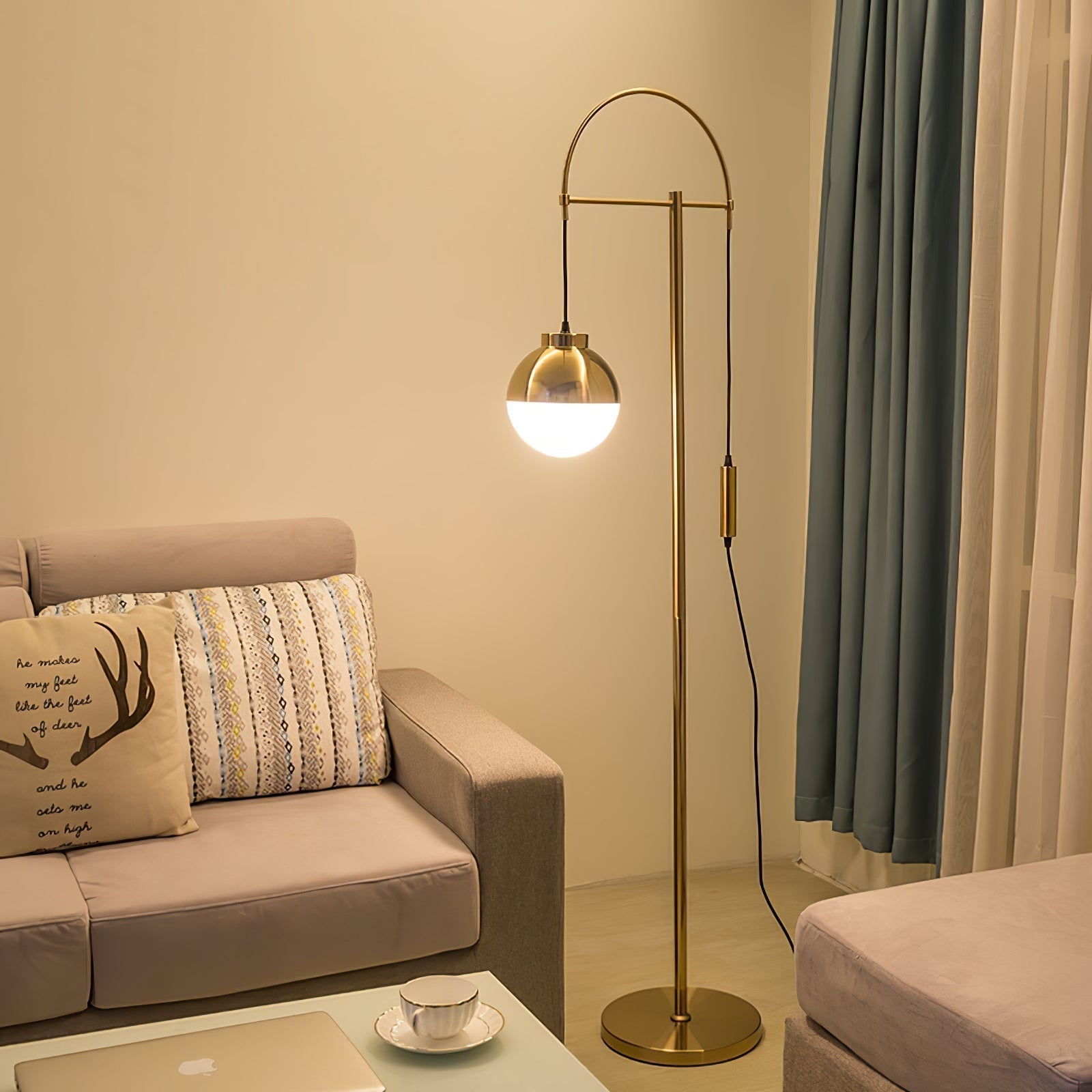 Modern Arc Floor Standing Lamp with Frosted Glass Globe and Brushed Brass Gold Finish