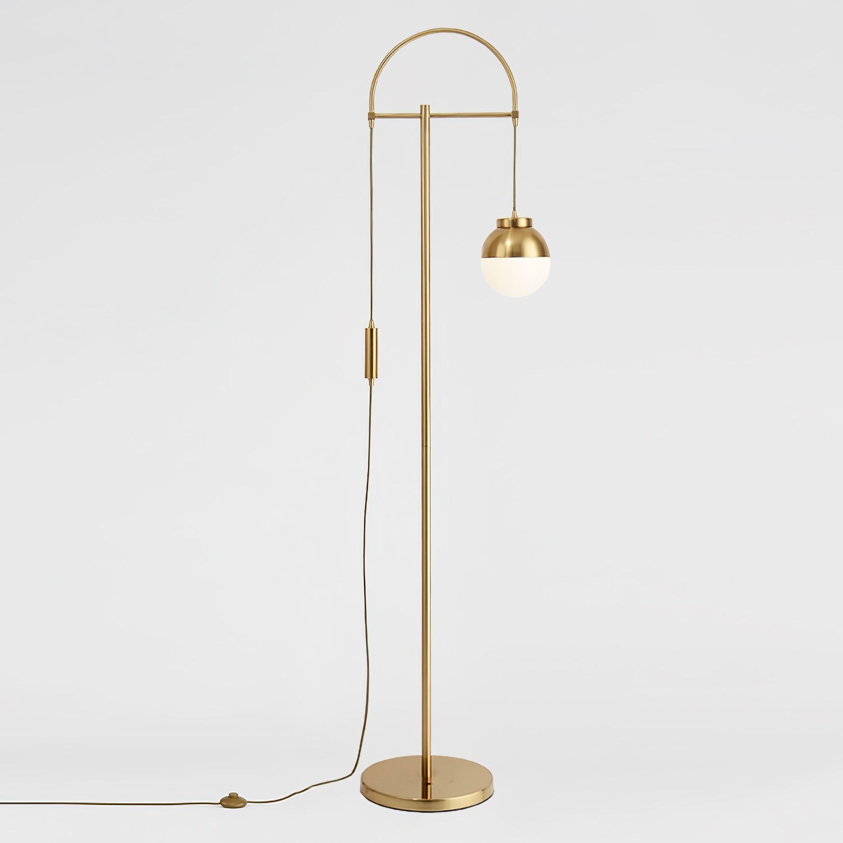 Modern Arc Floor Standing Lamp with Frosted Glass Globe and Brushed Brass Gold Finish