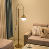 Modern Arc Floor Standing Lamp with Frosted Glass Globe and Brushed Brass Gold Finish