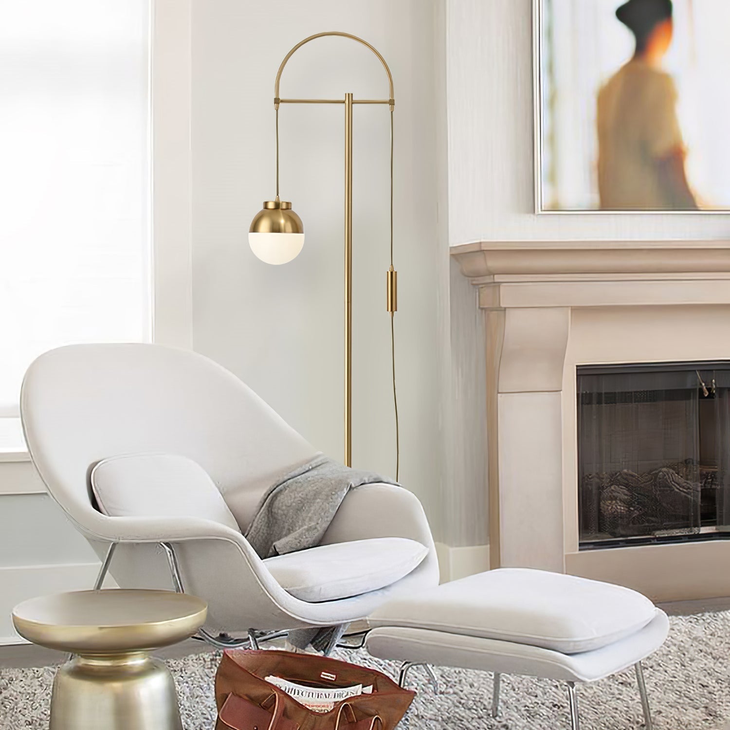 Modern Arc Floor Standing Lamp with Frosted Glass Globe and Brushed Brass Gold Finish