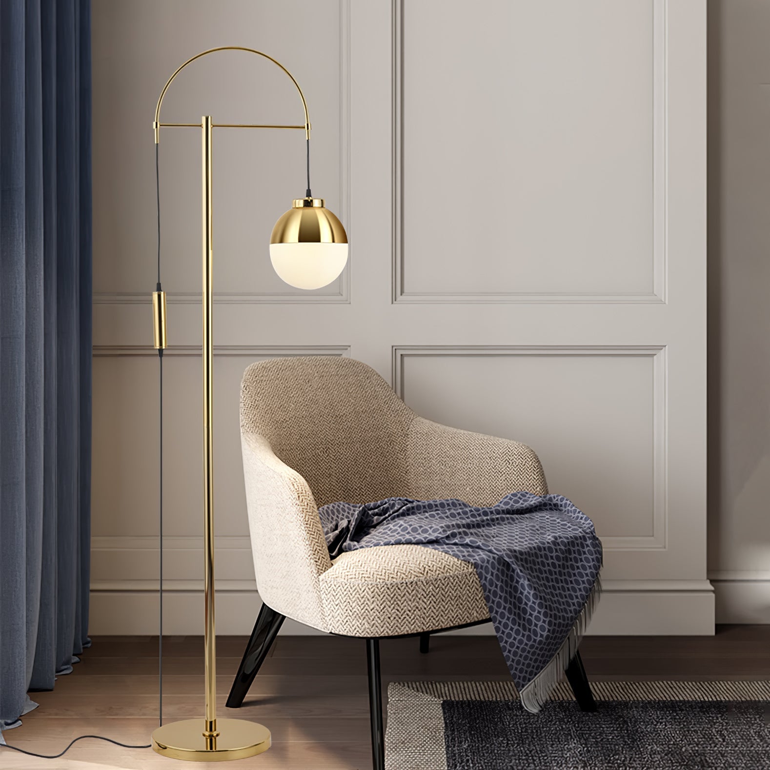 Modern Arc Floor Standing Lamp with Frosted Glass Globe and Brushed Brass Gold Finish
