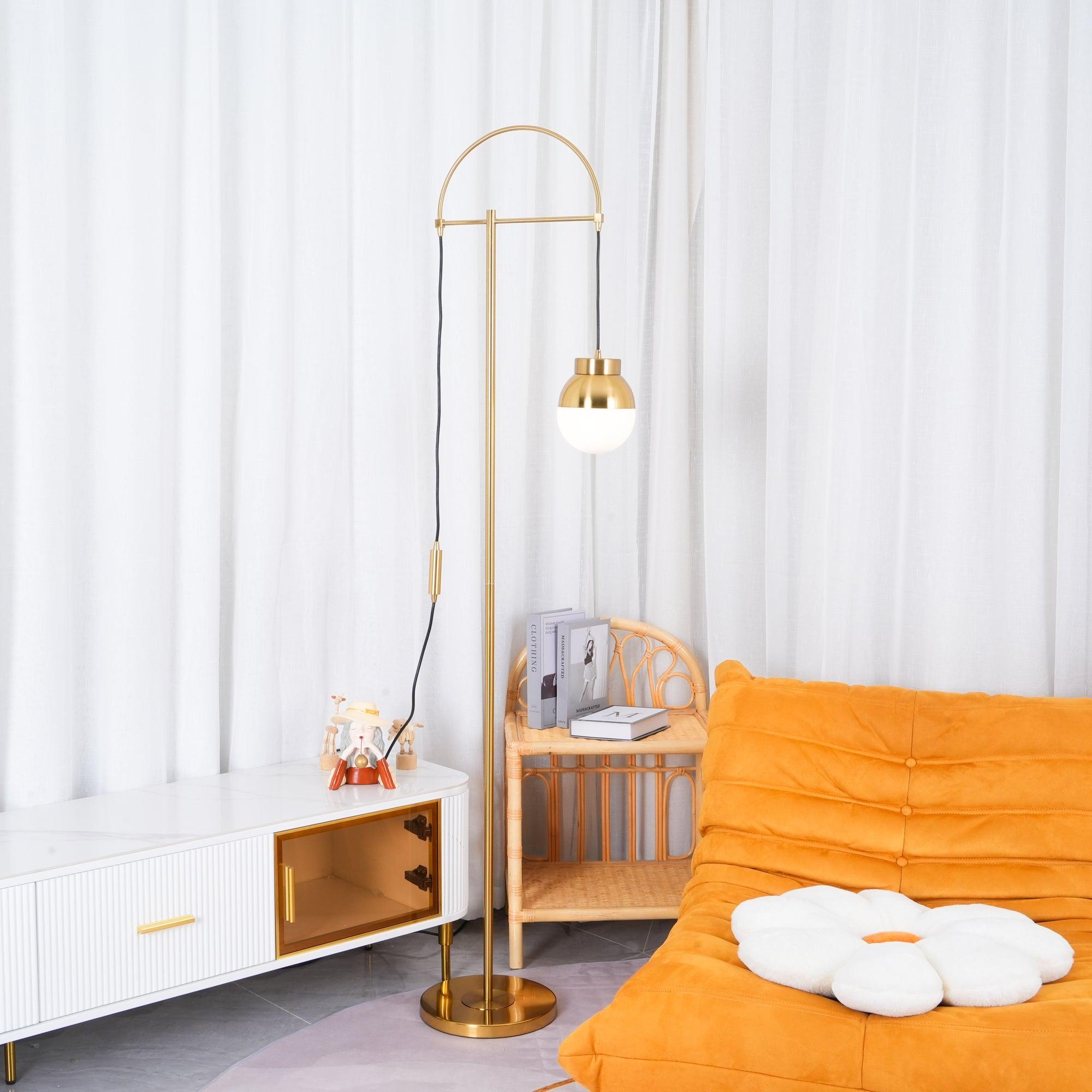 Modern Arc Floor Standing Lamp with Frosted Glass Globe and Brushed Brass Gold Finish