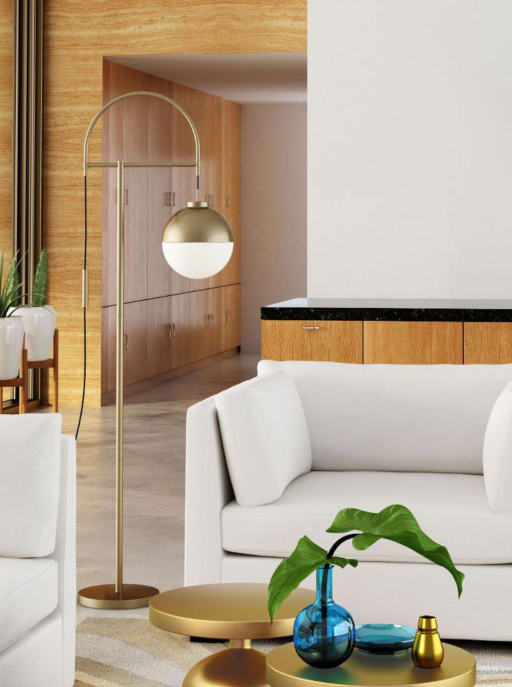 Modern Arc Floor Standing Lamp with Frosted Glass Globe and Brushed Brass Gold Finish