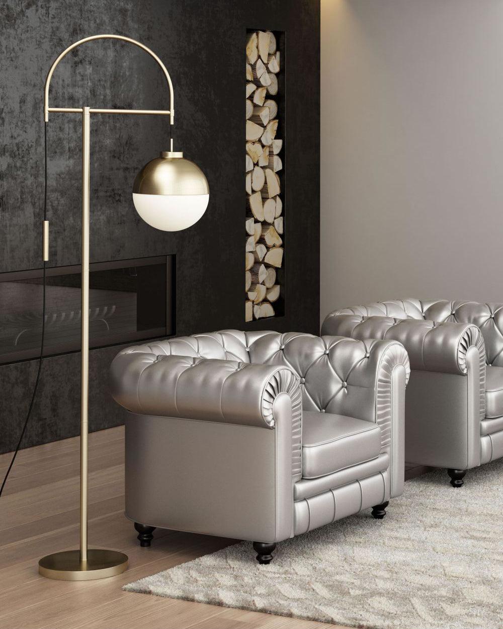 Modern Arc Floor Standing Lamp with Frosted Glass Globe and Brushed Brass Gold Finish