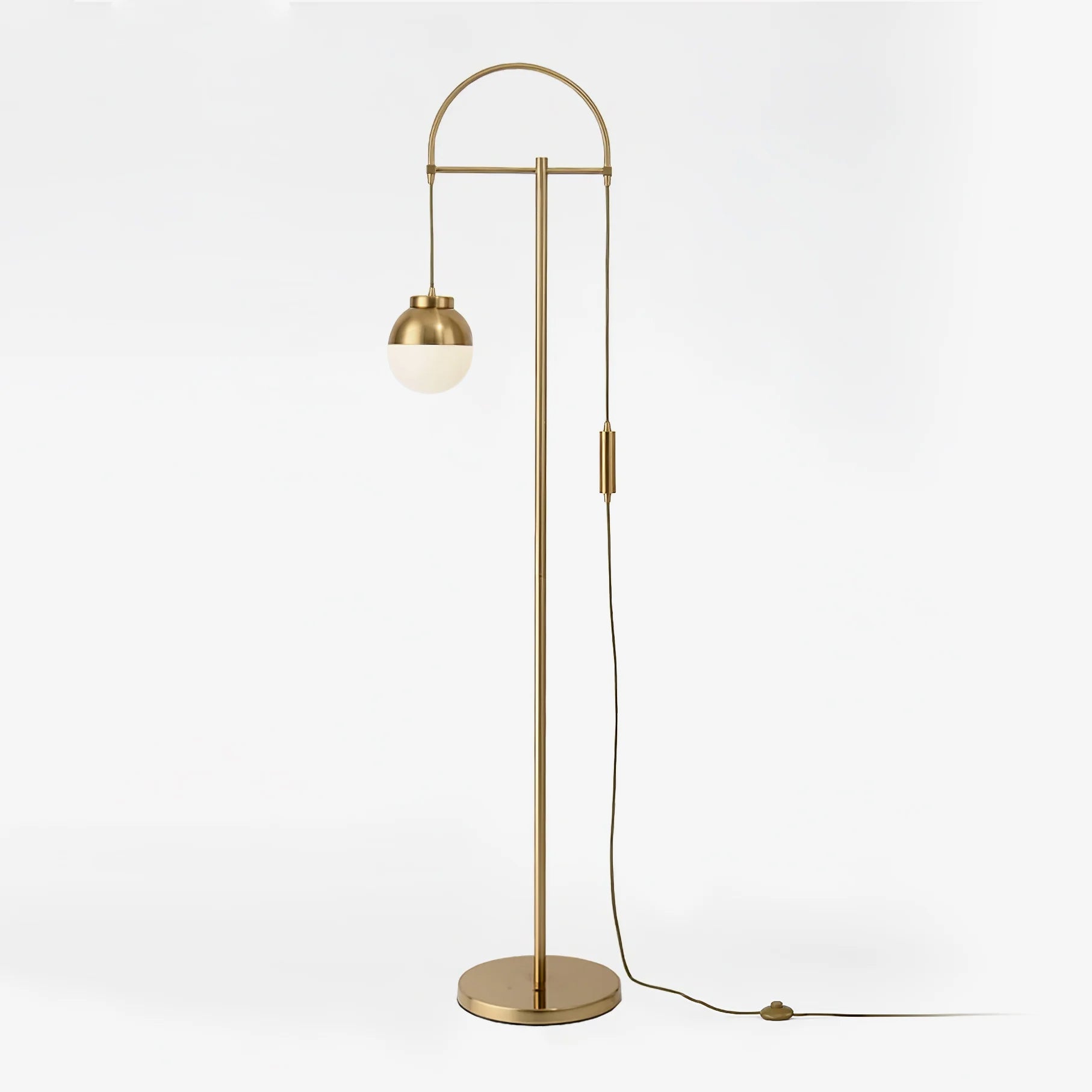 Modern Arc Floor Standing Lamp with Frosted Glass Globe and Brushed Brass Gold Finish