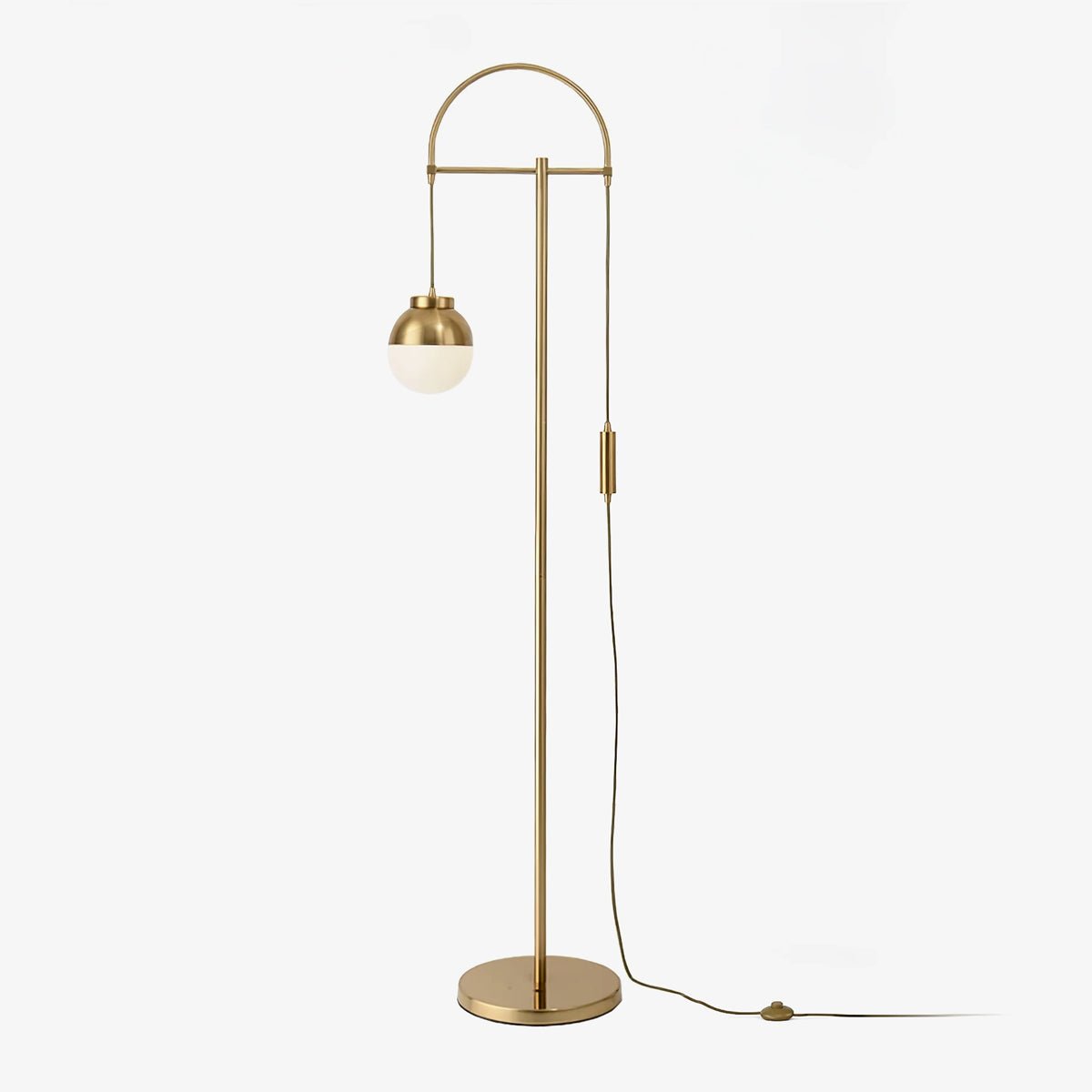 Modern Arc Floor Standing Lamp with Frosted Glass Globe and Brushed Brass Gold Finish