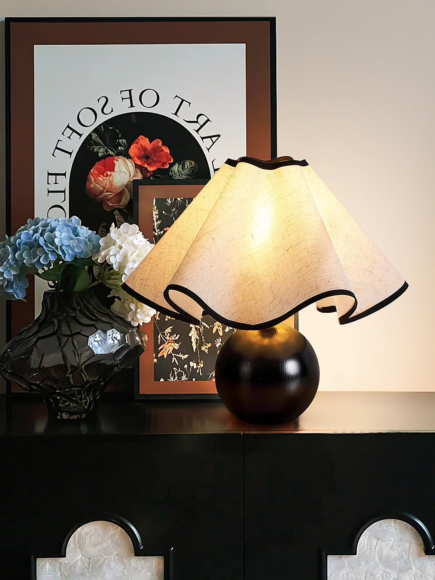 Wavecrest Modern Bedside Table Lamp with Wooden Base and Draped Linen Fabric Shade
