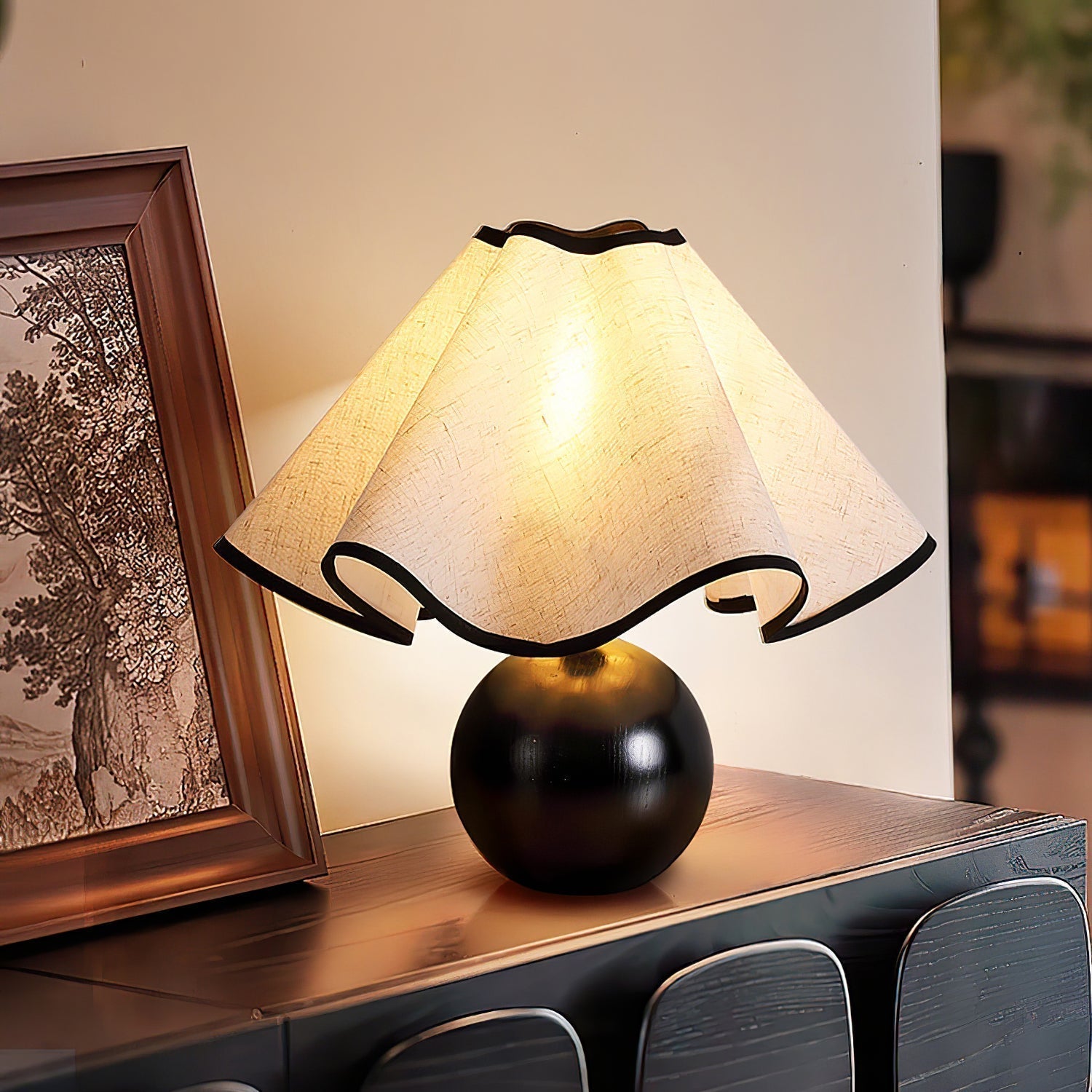 Wavecrest Modern Bedside Table Lamp with Wooden Base and Draped Linen Fabric Shade
