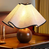 Wavecrest Modern Bedside Table Lamp with Wooden Base and Draped Linen Fabric Shade