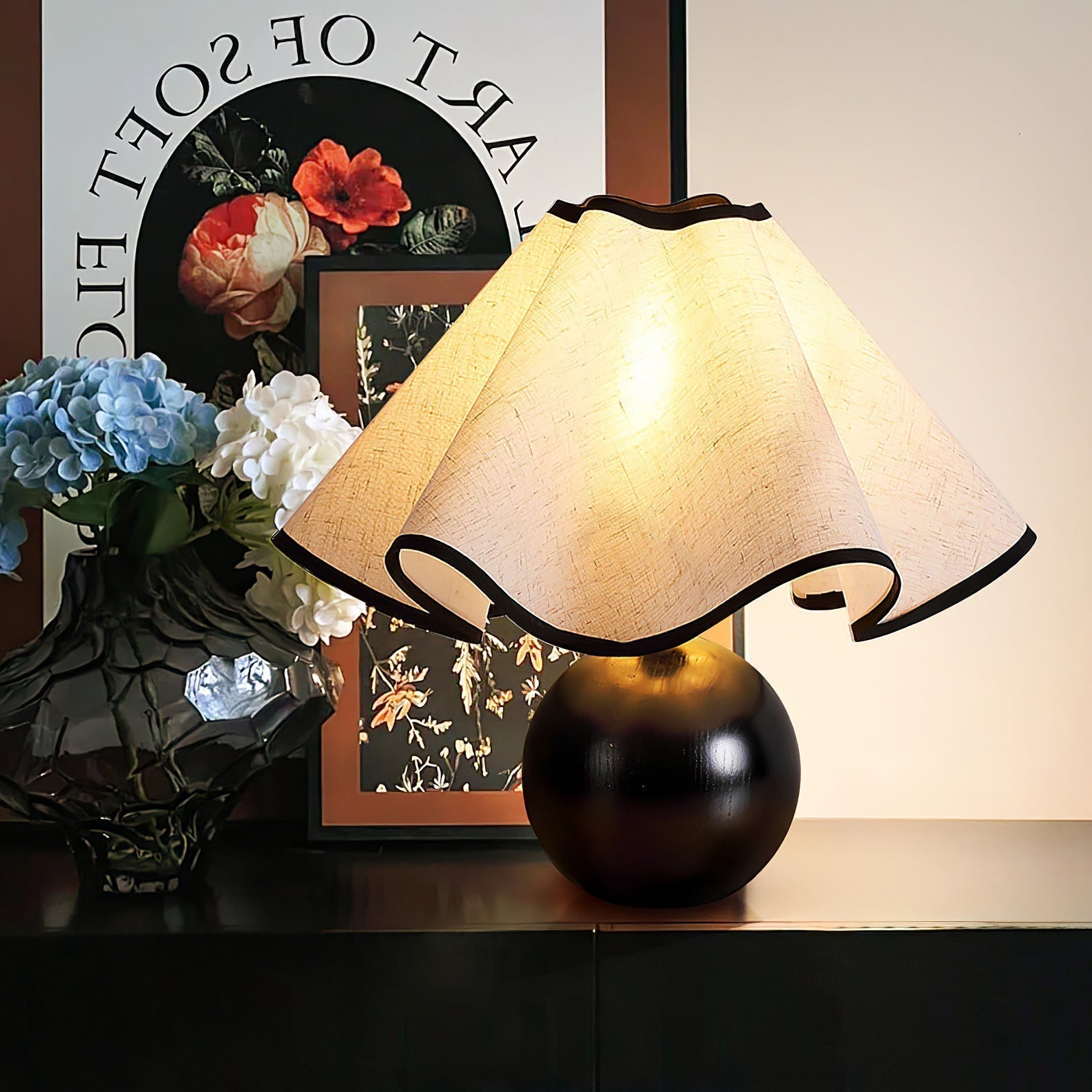 Wavecrest Modern Bedside Table Lamp with Wooden Base and Draped Linen Fabric Shade