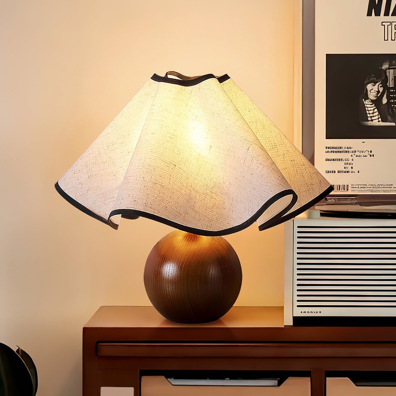 Wavecrest Modern Bedside Table Lamp with Wooden Base and Draped Linen Fabric Shade