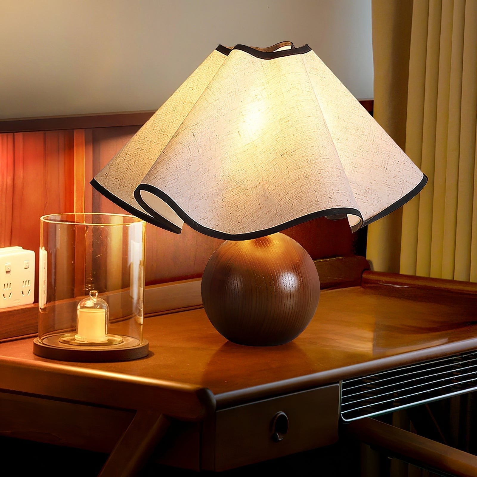Wavecrest Modern Bedside Table Lamp with Wooden Base and Draped Linen Fabric Shade