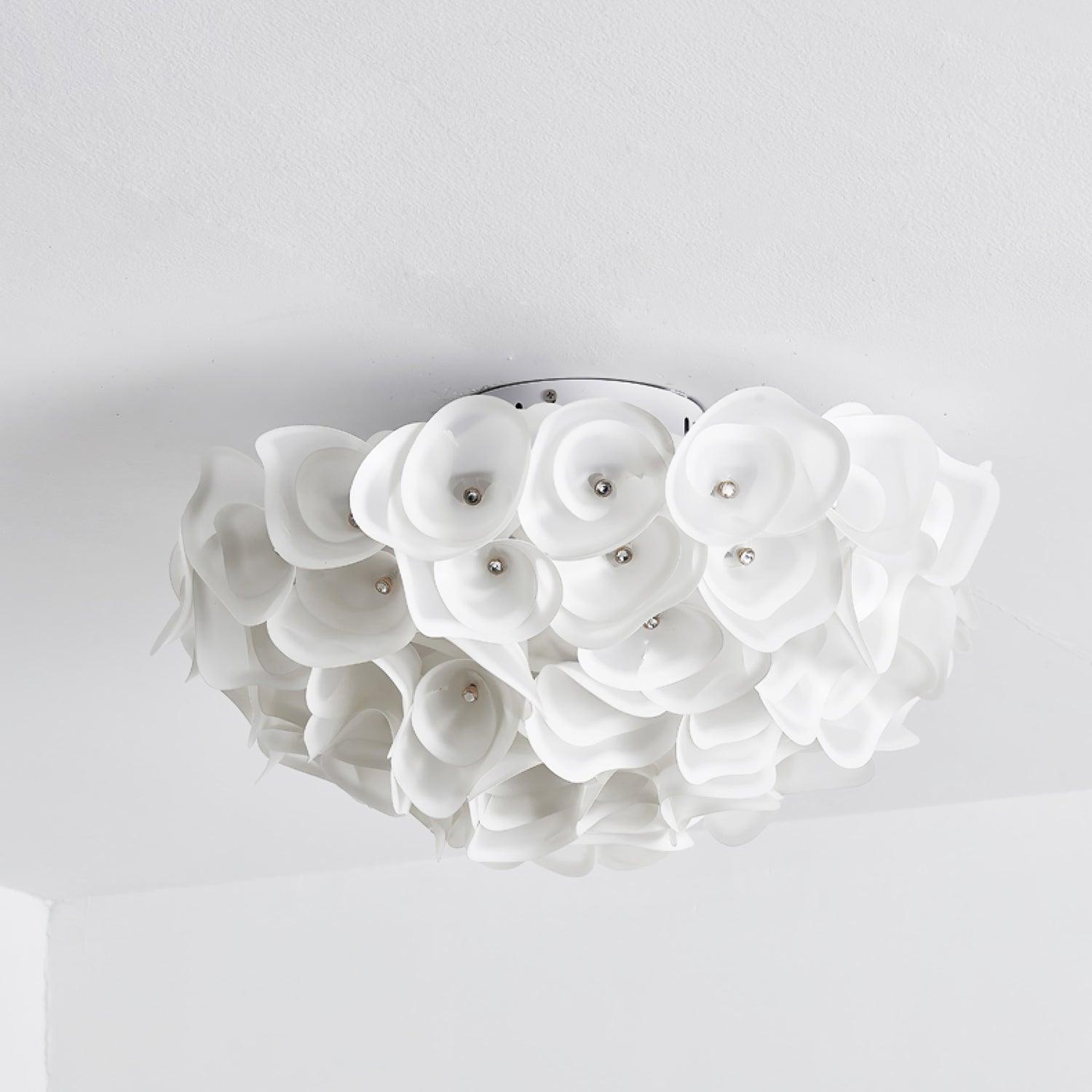 White Hydrangea Floral Petal Semi Flush Mount Ceiling Lamp for Bedroom and Living Room