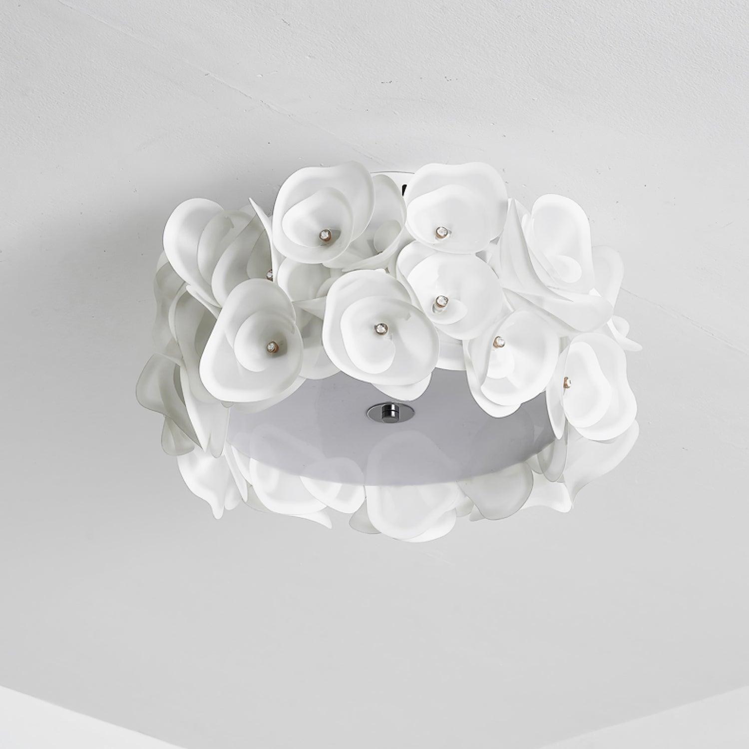 White Hydrangea Floral Petal Semi Flush Mount Ceiling Lamp for Bedroom and Living Room