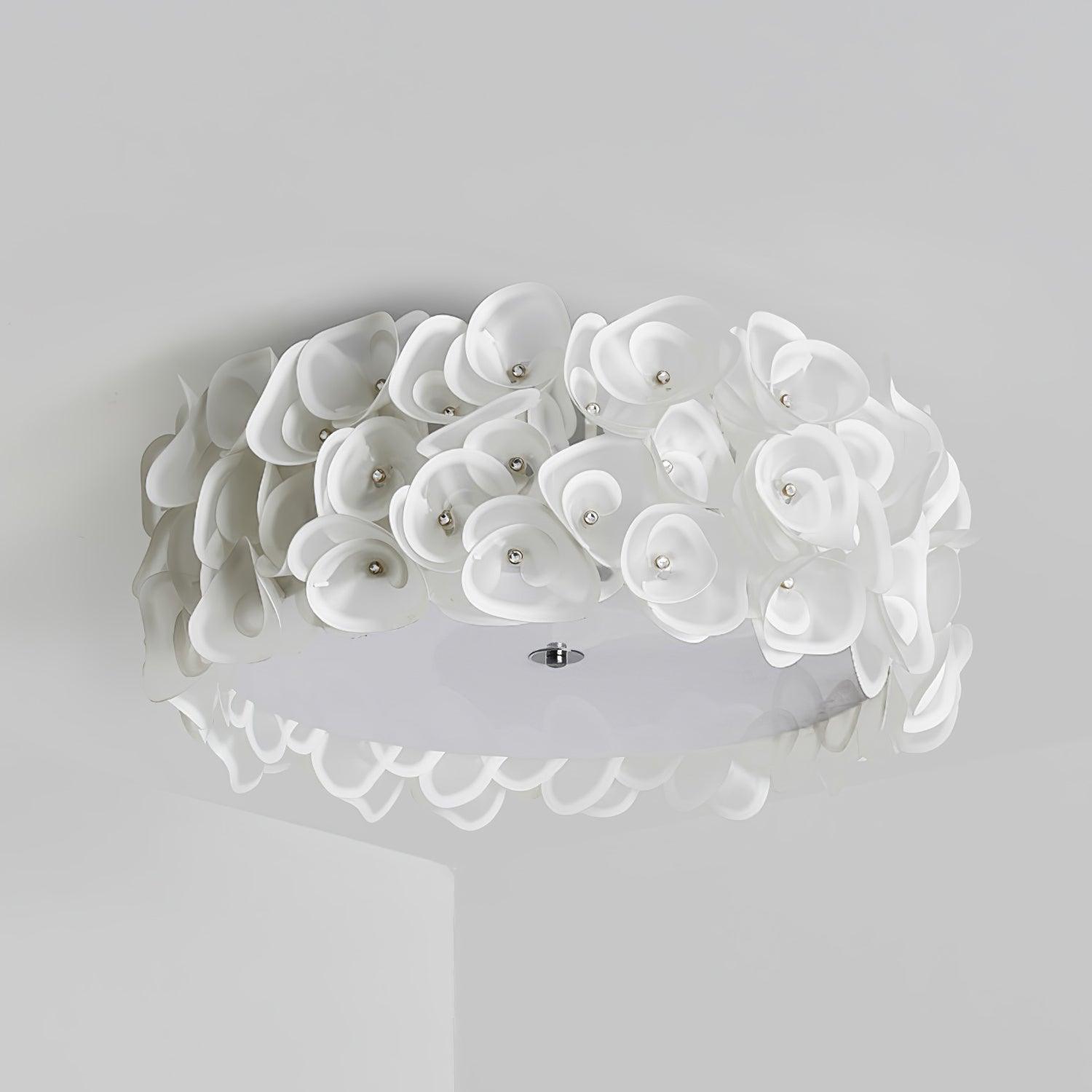 White Hydrangea Floral Petal Semi Flush Mount Ceiling Lamp for Bedroom and Living Room