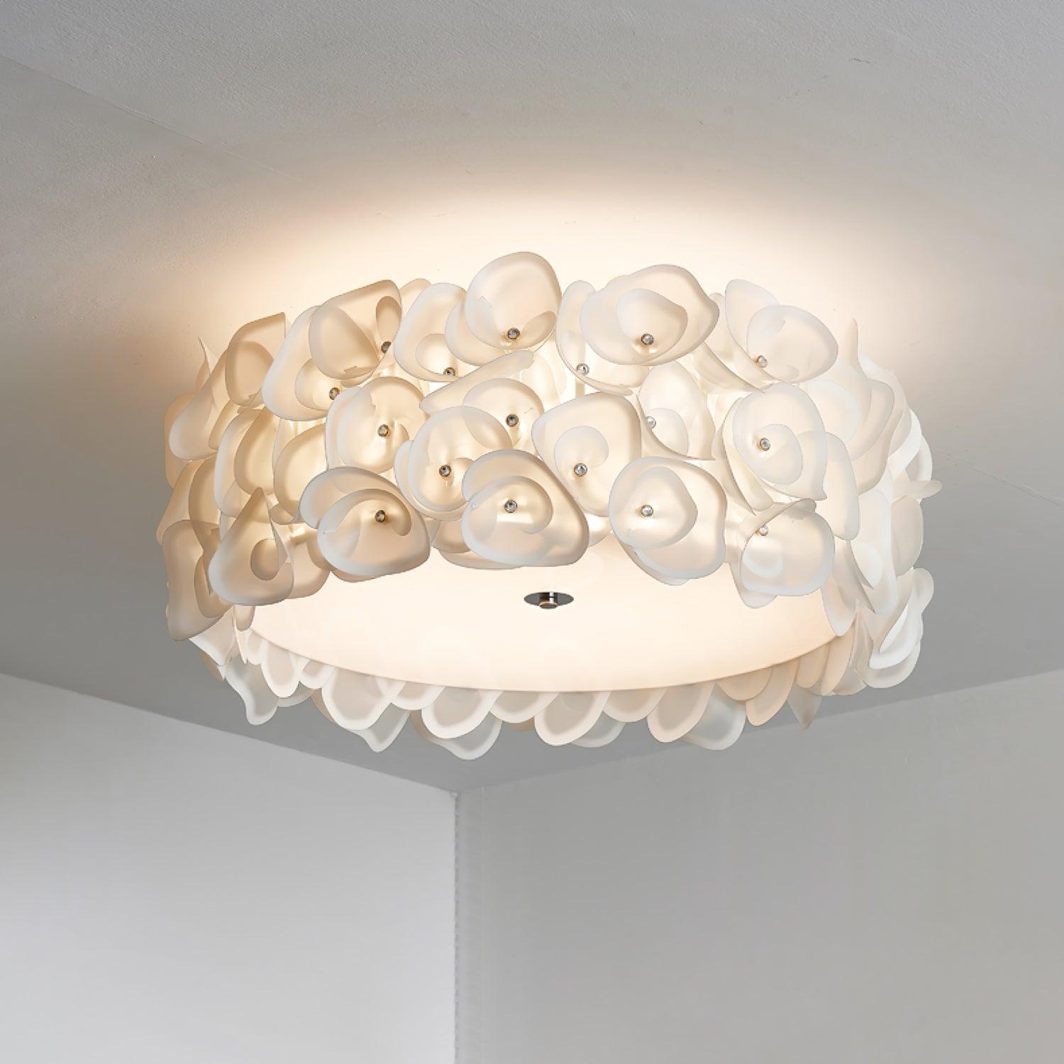 White Hydrangea Floral Petal Semi Flush Mount Ceiling Lamp for Bedroom and Living Room