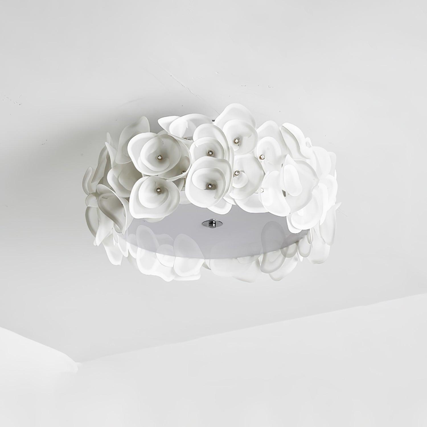 White Hydrangea Floral Petal Semi Flush Mount Ceiling Lamp for Bedroom and Living Room