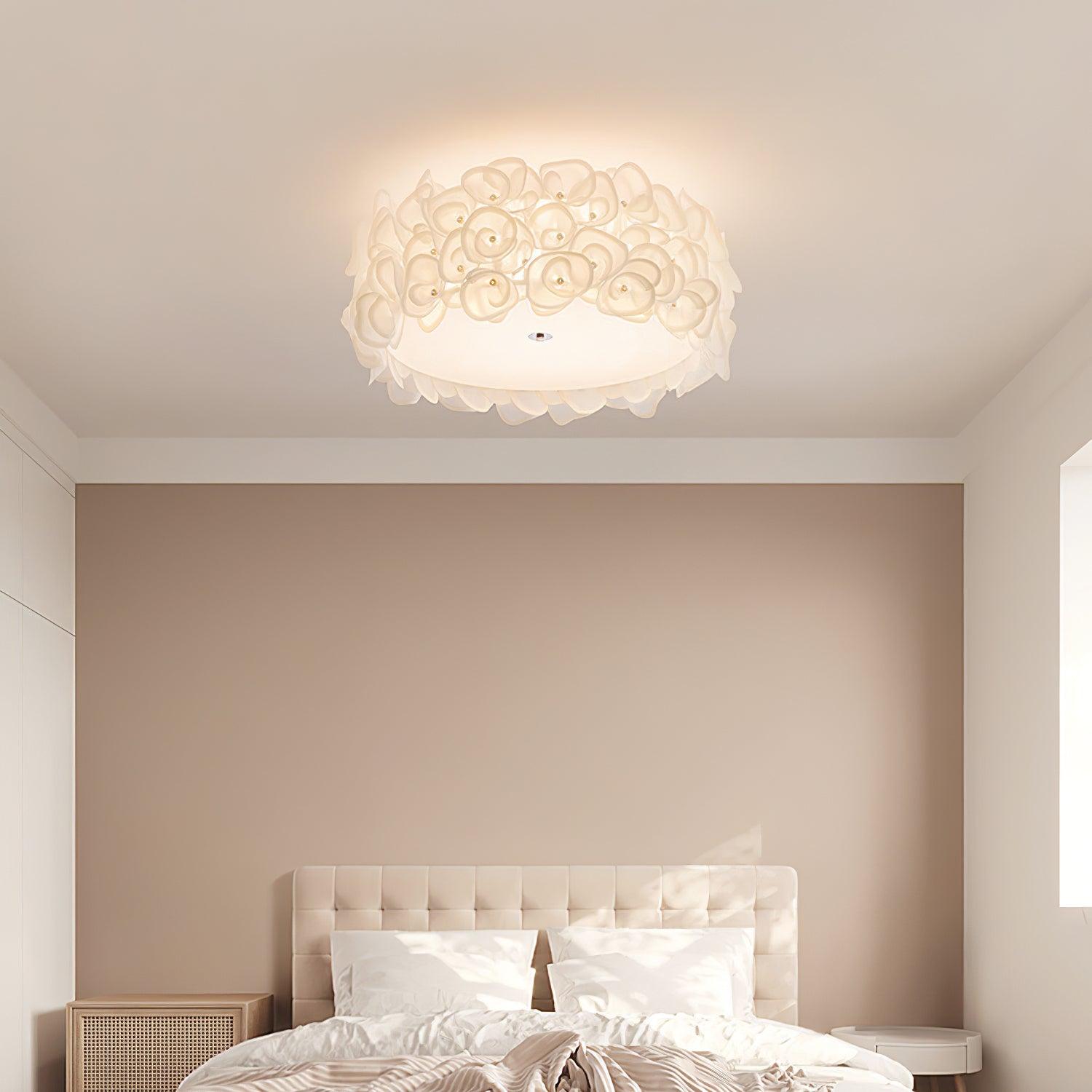 White Hydrangea Floral Petal Semi Flush Mount Ceiling Lamp for Bedroom and Living Room