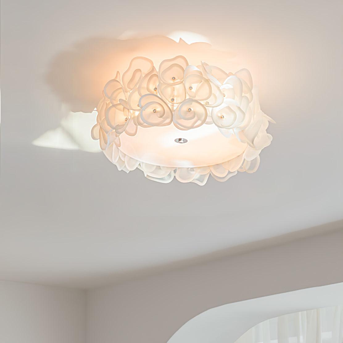 White Hydrangea Floral Petal Semi Flush Mount Ceiling Lamp for Bedroom and Living Room