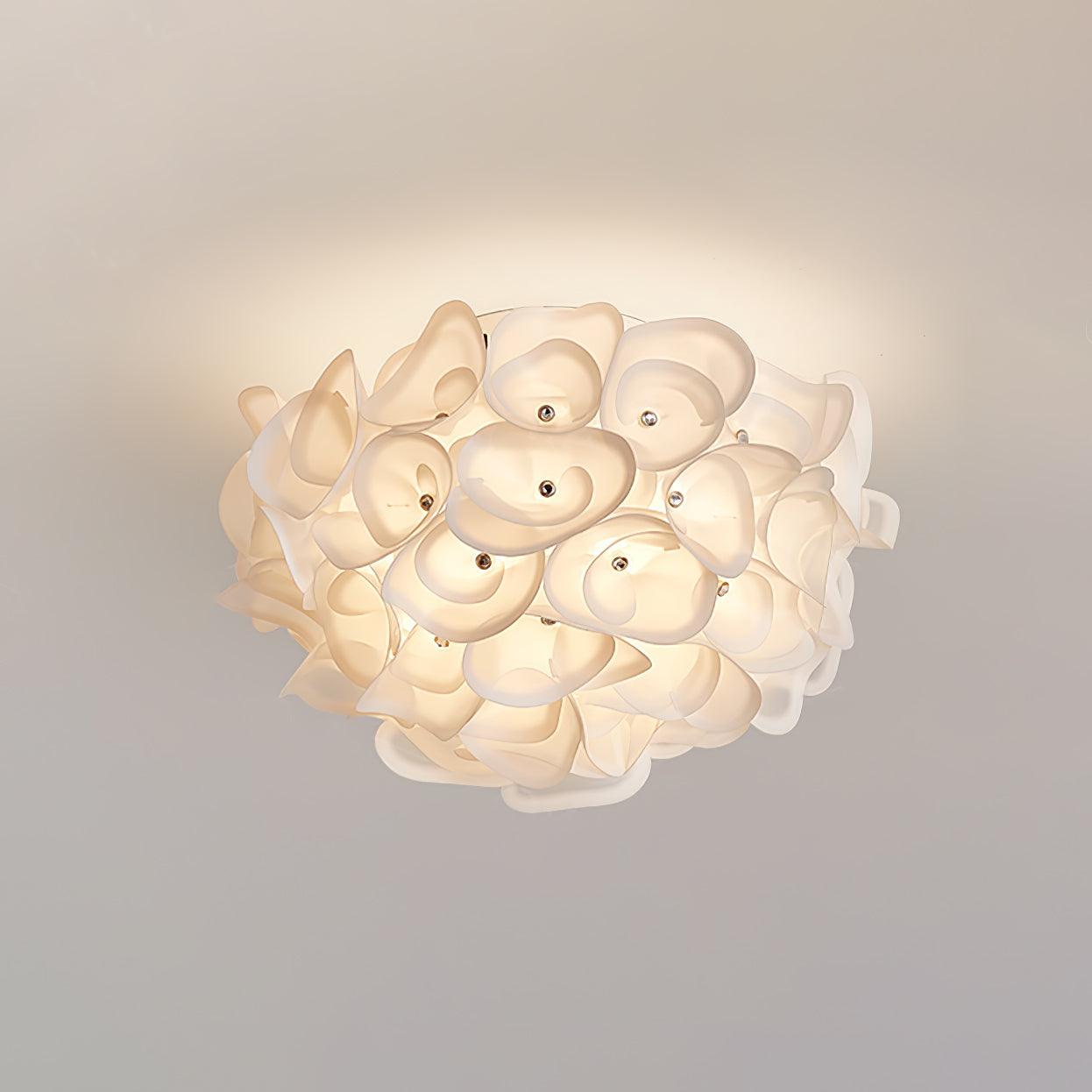 White Hydrangea Floral Petal Semi Flush Mount Ceiling Lamp for Bedroom and Living Room
