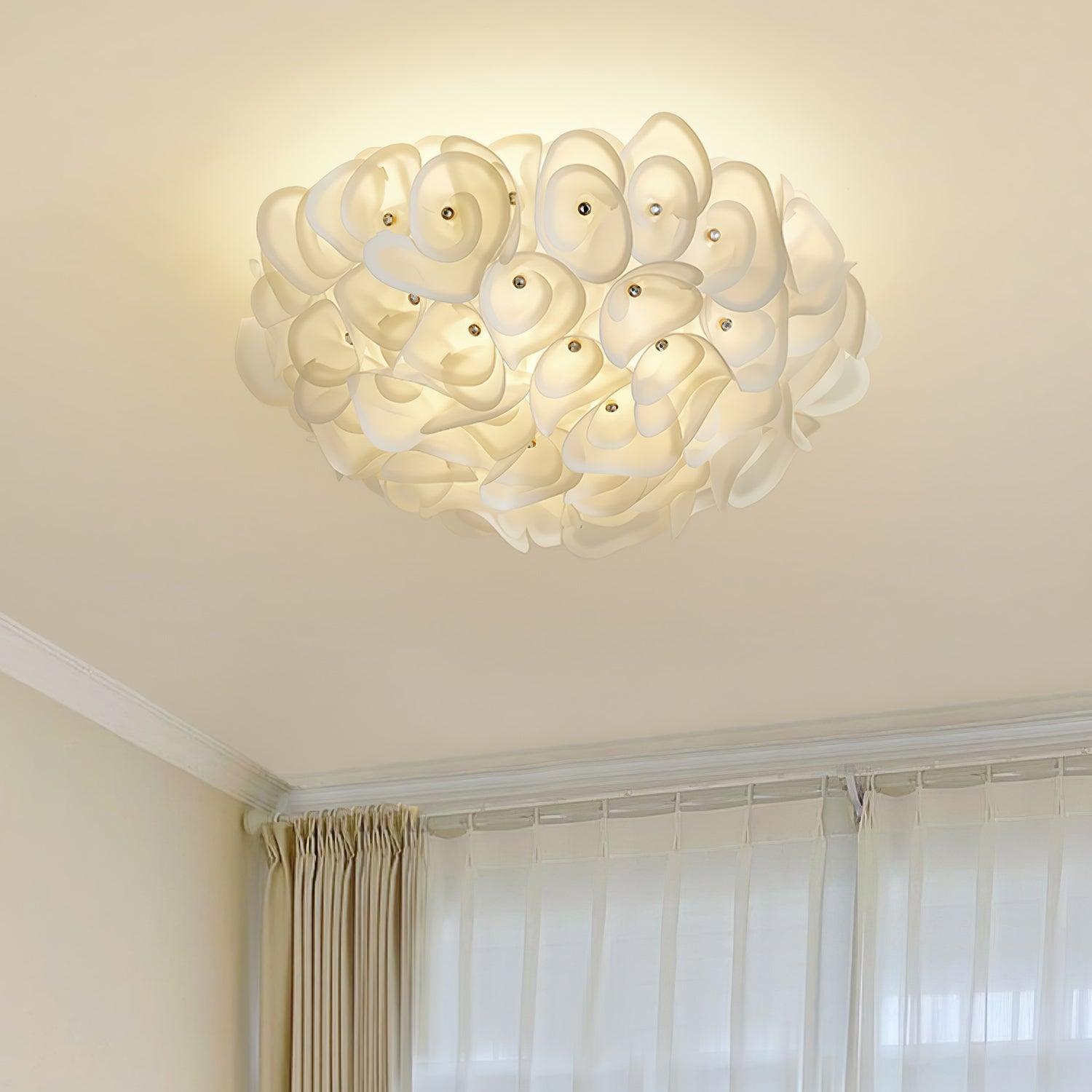 White Hydrangea Floral Petal Semi Flush Mount Ceiling Lamp for Bedroom and Living Room