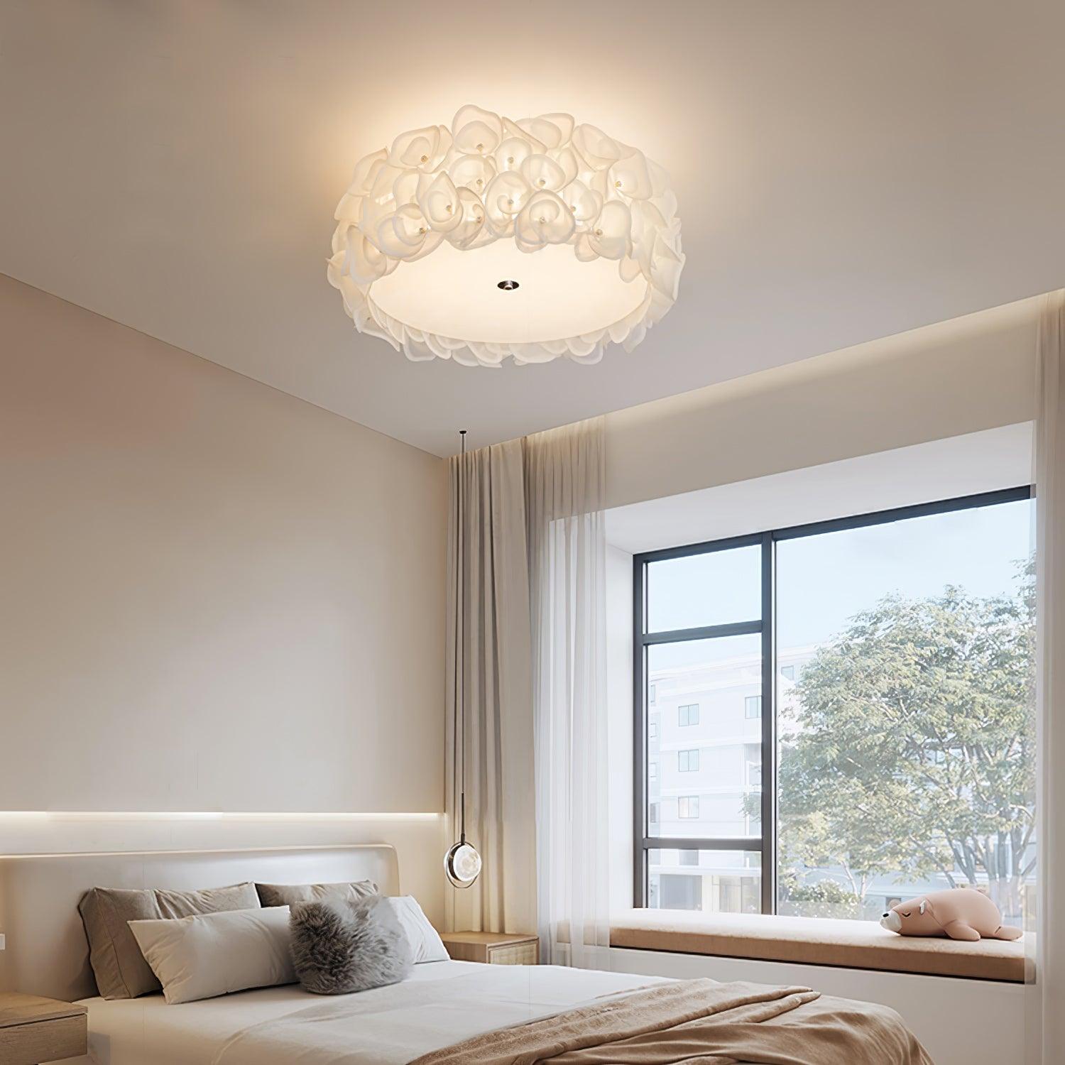 White Hydrangea Floral Petal Semi Flush Mount Ceiling Lamp for Bedroom and Living Room