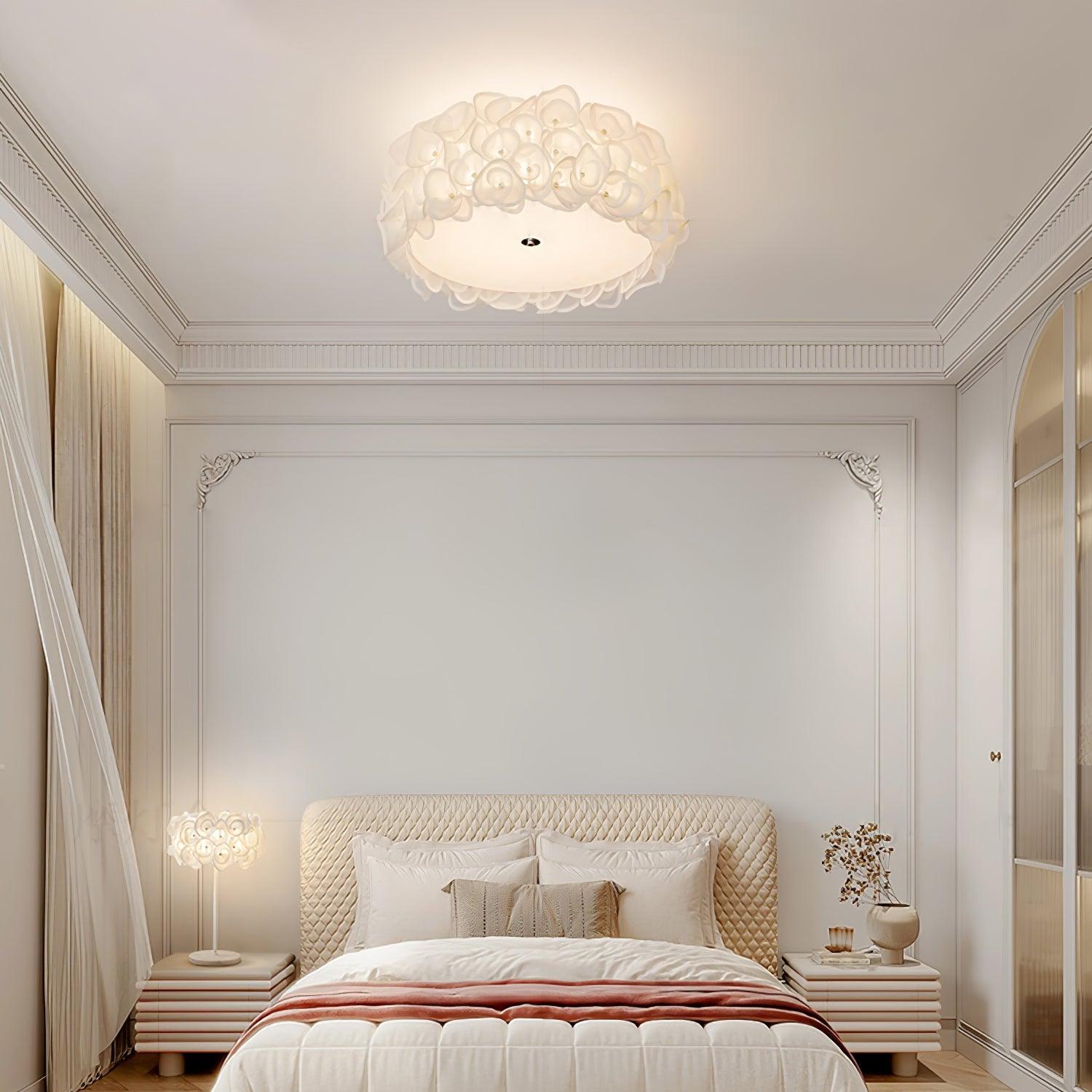 White Hydrangea Floral Petal Semi Flush Mount Ceiling Lamp for Bedroom and Living Room