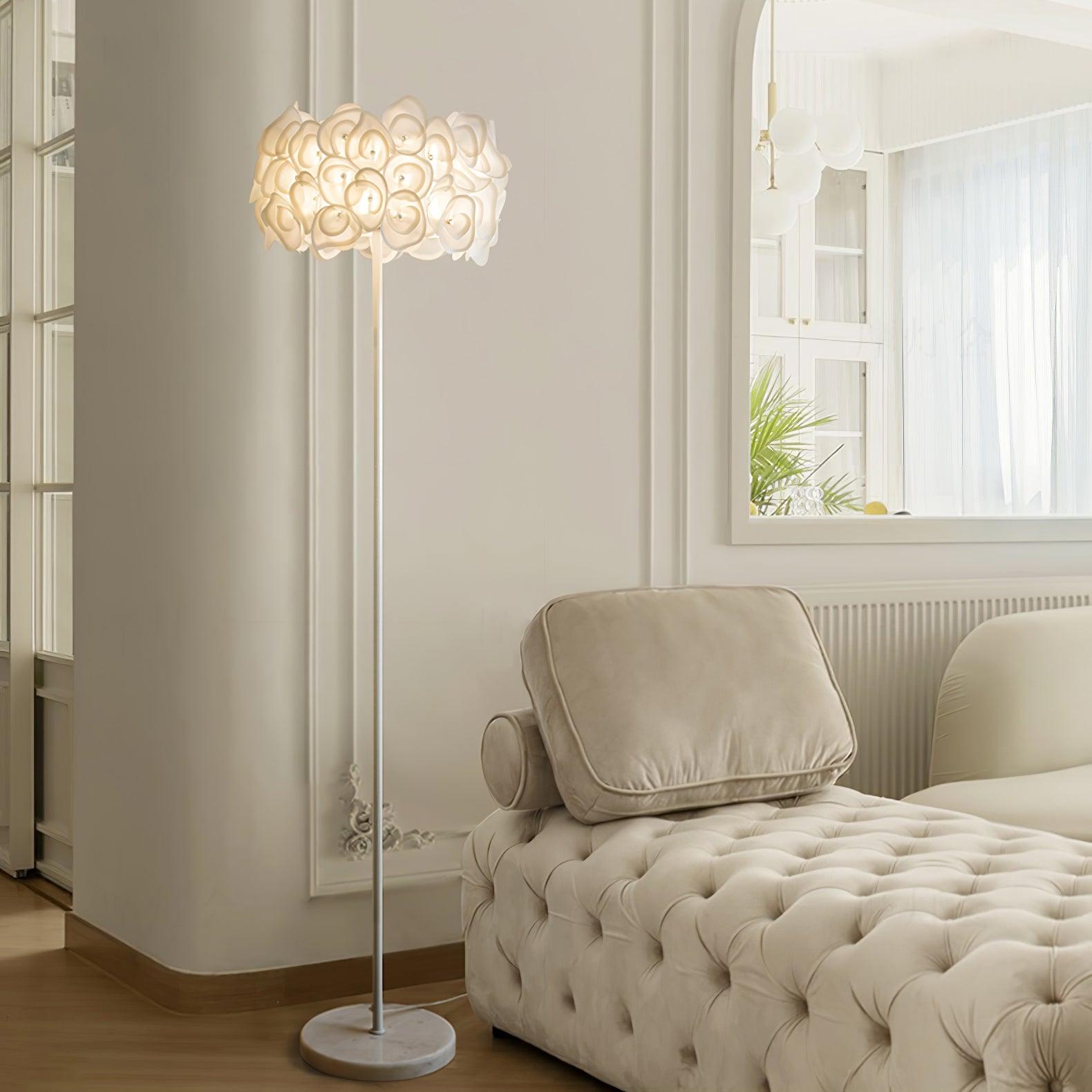 Modern White Hydrangea Floral Torchiere Floor Lamp with Marble Base