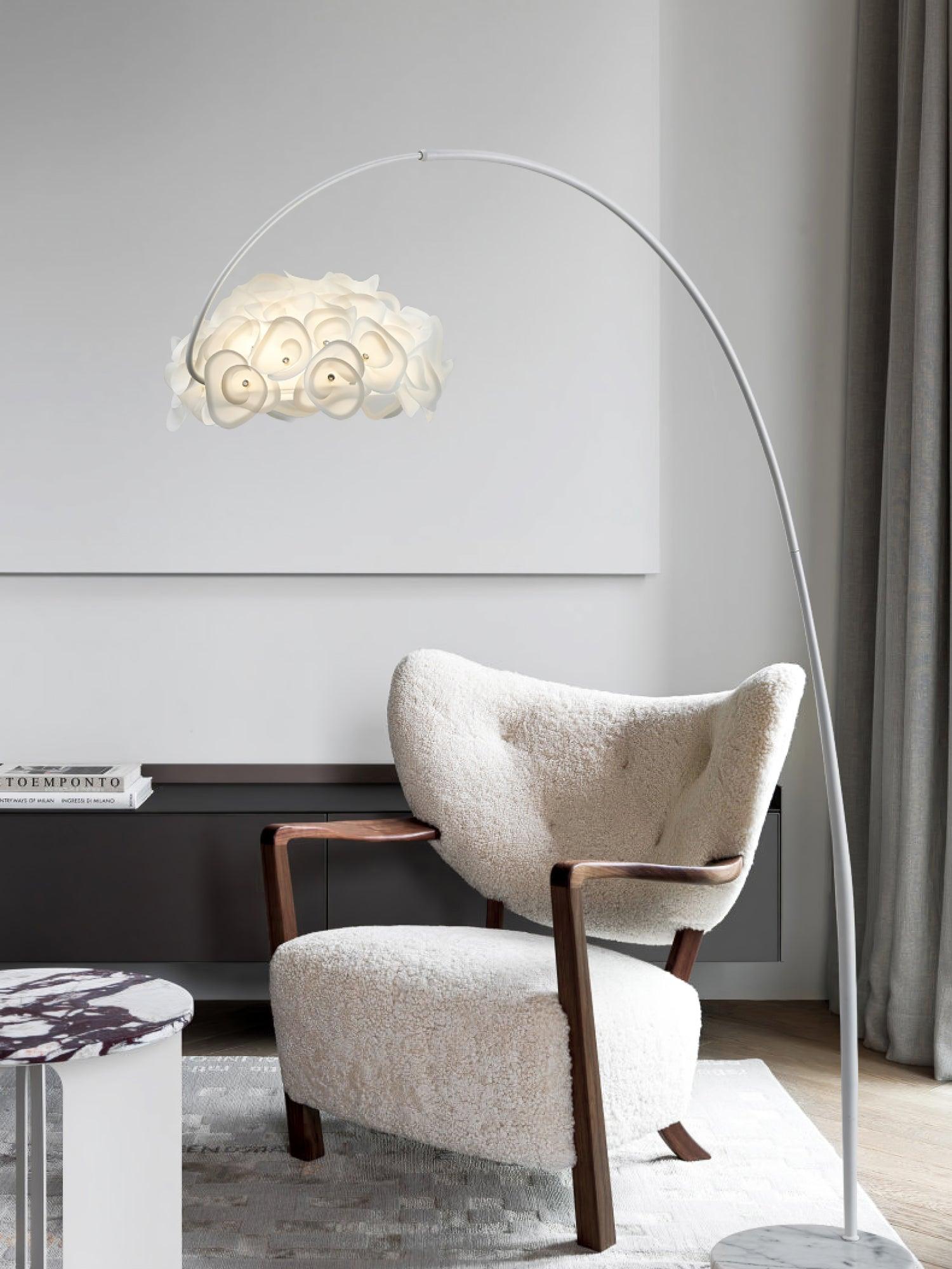 Modern White Hydrangea Floral Torchiere Floor Lamp with Marble Base