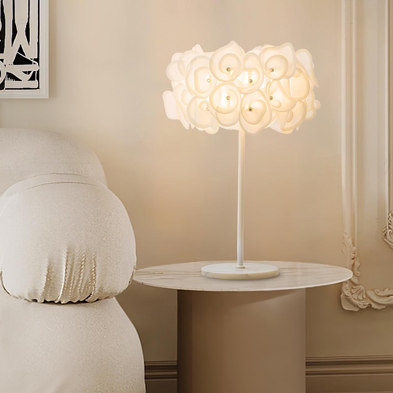 Modern White Hydrangea Table Lamp with Artistic Floral Petal Design and Marble Base