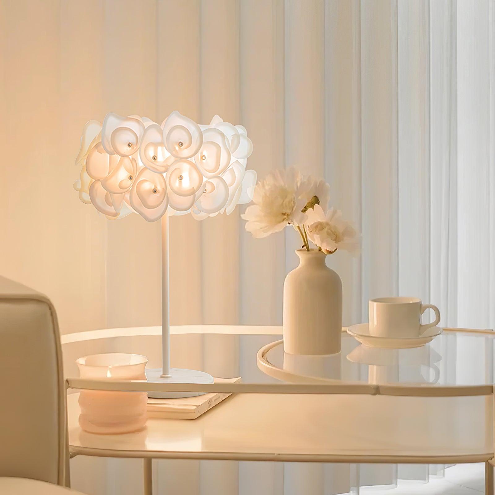 Modern White Hydrangea Table Lamp with Artistic Floral Petal Design and Marble Base