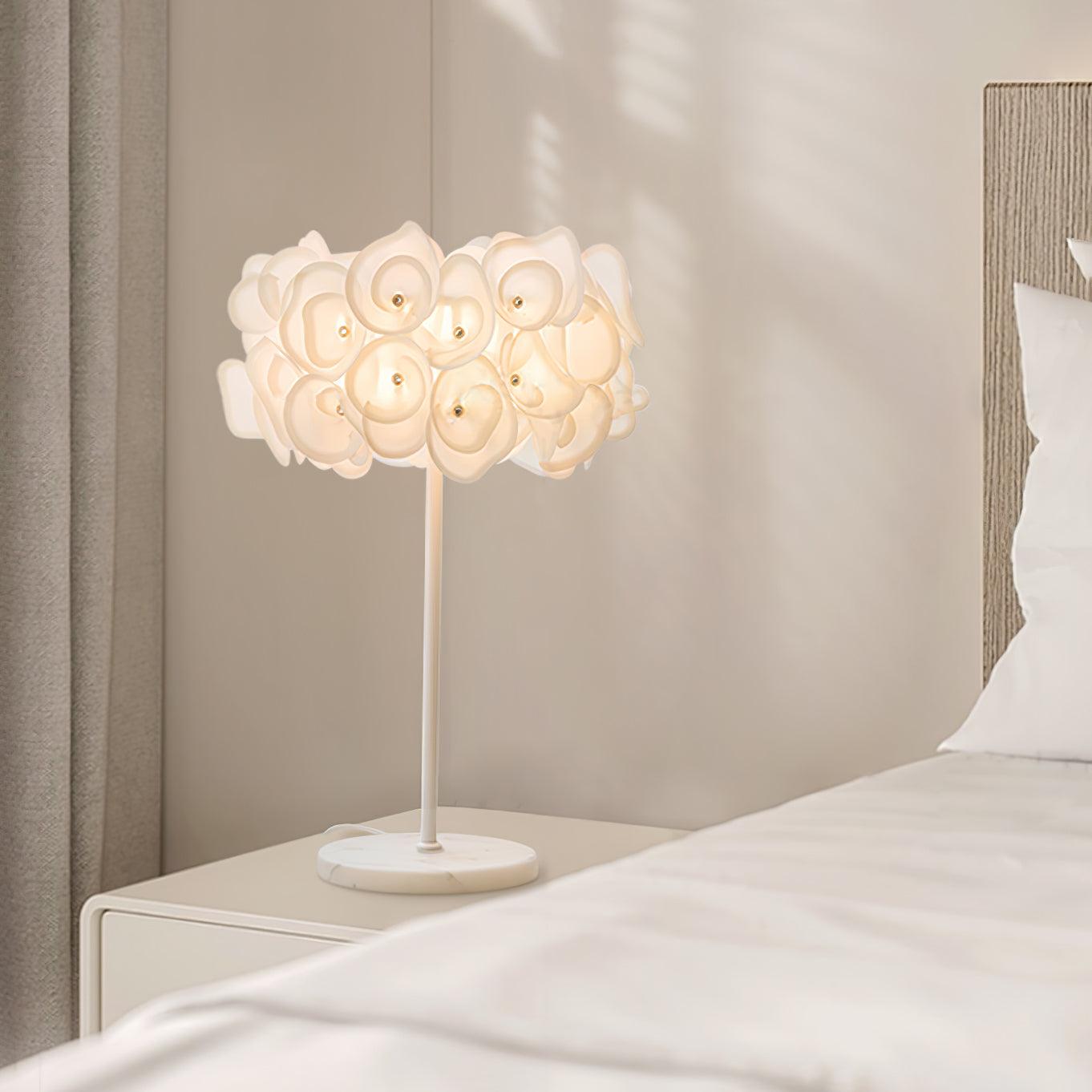 Modern White Hydrangea Table Lamp with Artistic Floral Petal Design and Marble Base