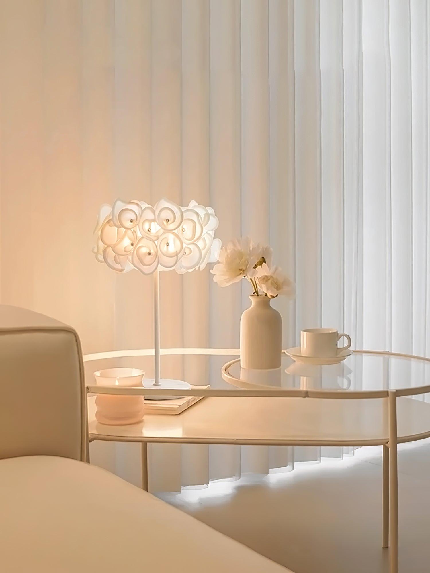 Modern White Hydrangea Table Lamp with Artistic Floral Petal Design and Marble Base