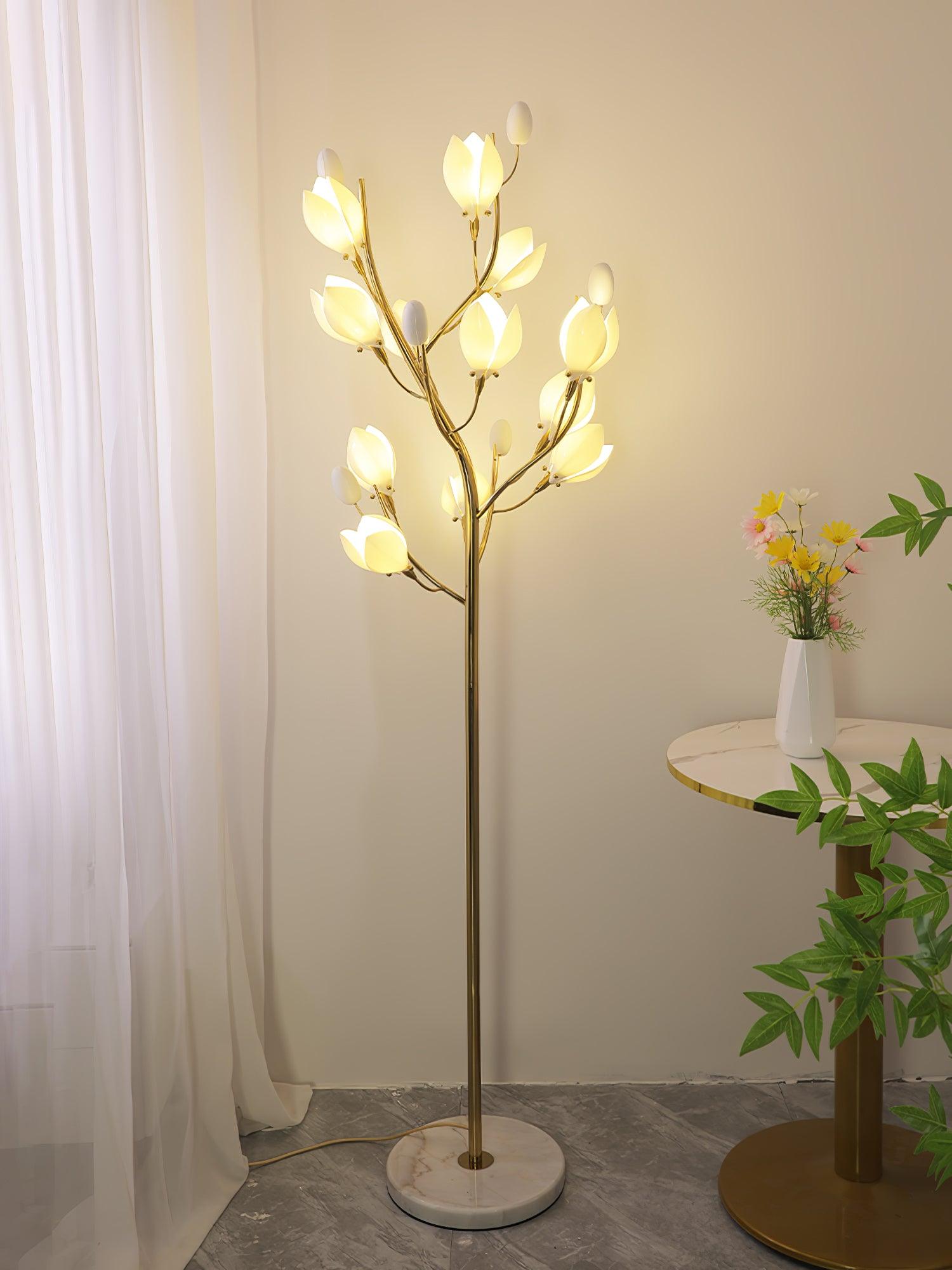 White Porcelain Magnolia Tree Inspired Floor Lamp with Gold Metal Frame and Ceramic Petal Shades