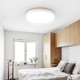 Modern White Round Wooden LED Ceiling Light Flush Mount Fixture for Bedroom and Living Room