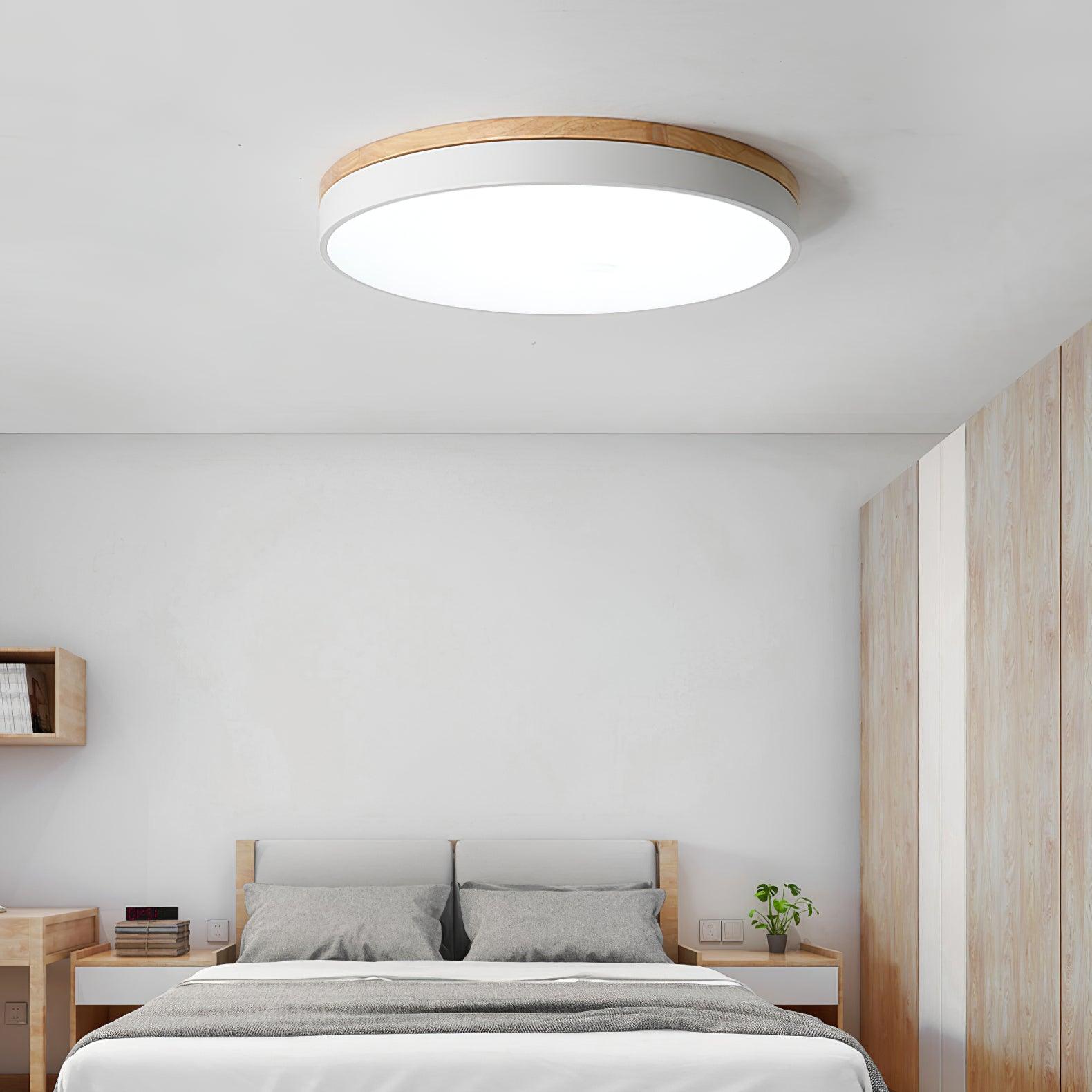 Modern White Round Wooden LED Ceiling Light Flush Mount Fixture for Bedroom and Living Room