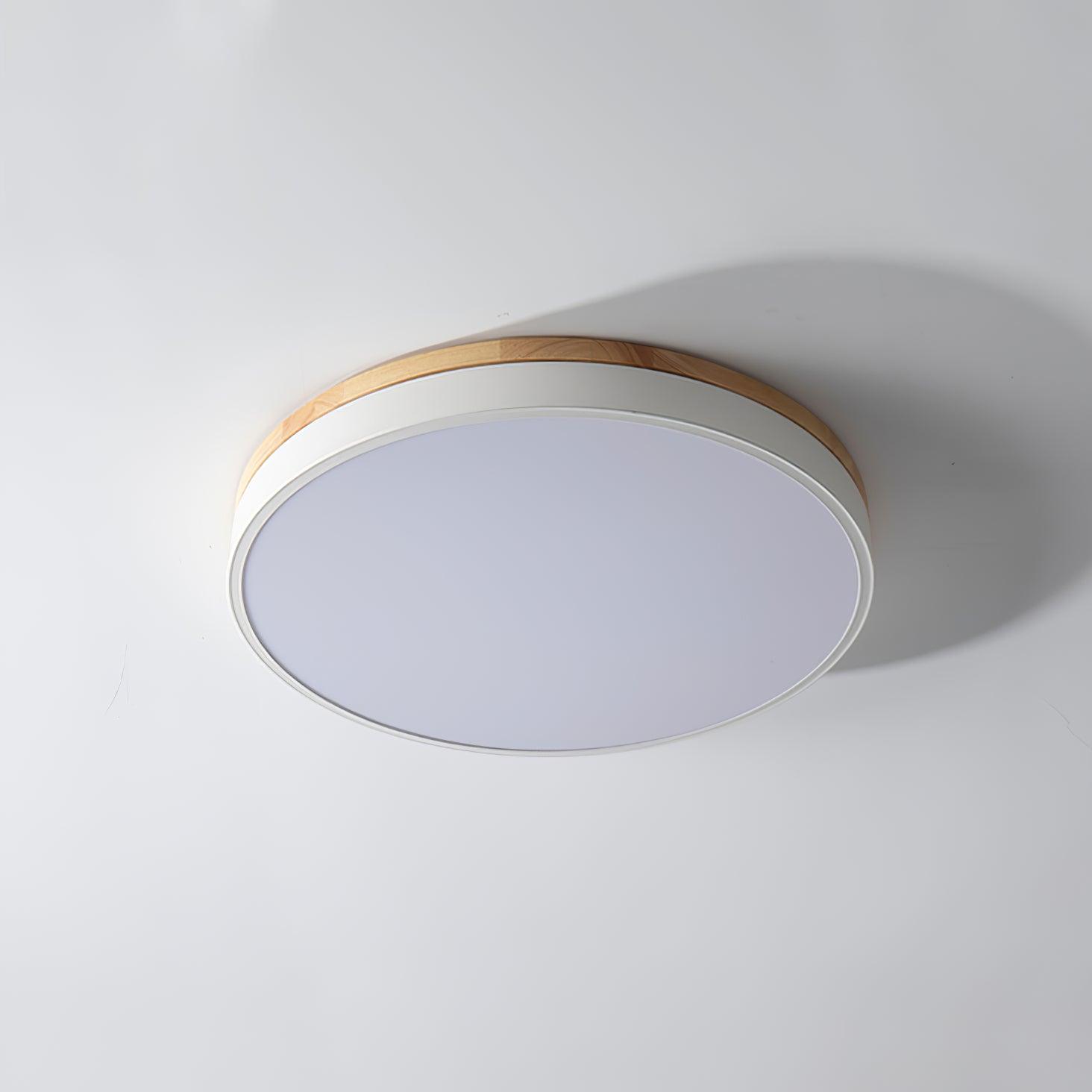 Modern White Round Wooden LED Ceiling Light Flush Mount Fixture for Bedroom and Living Room
