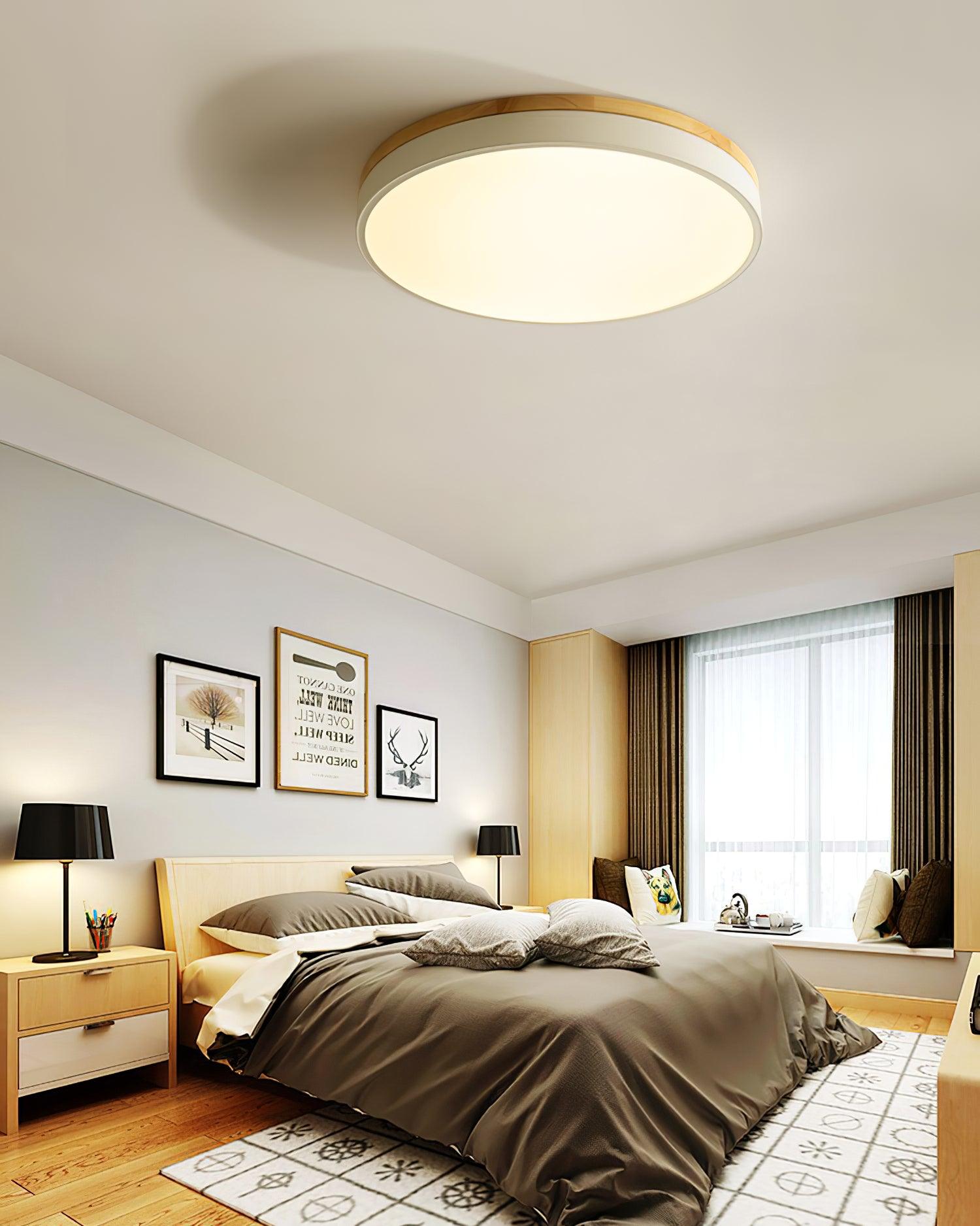 Modern White Round Wooden LED Ceiling Light Flush Mount Fixture for Bedroom and Living Room